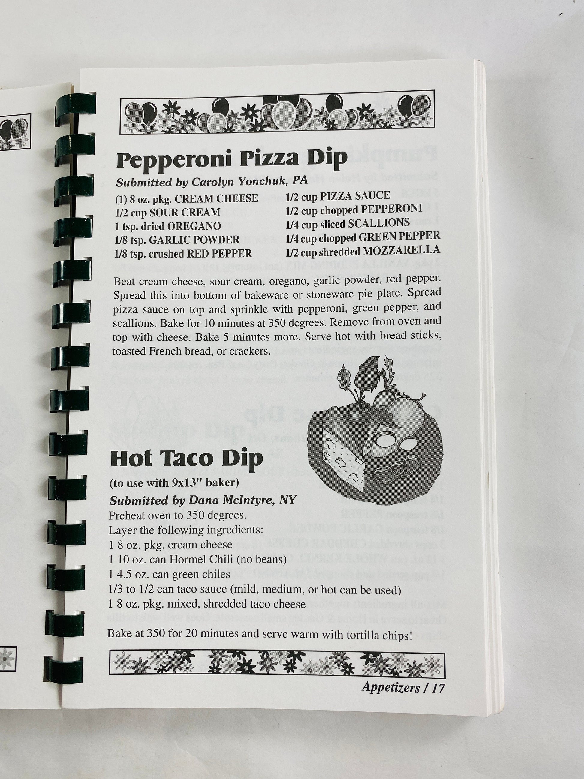 Home & Garden Party vintage cookbook with numerous dip recipes Corn cheese, Mexican nacho, Vidalia Onion, Fancy Cheese Log, Shrimp, Reuben