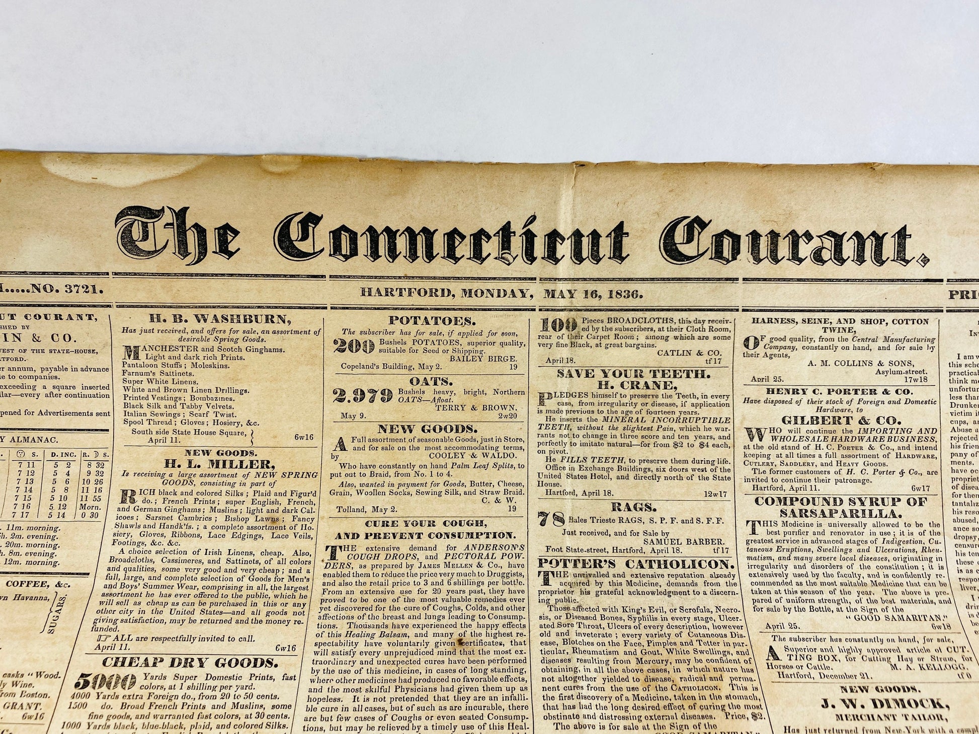 1836 Connecticut Courant Newspaper circa May 16, 1836 GENUINE antique newspaper pre-civil war. Hartford CT Godwin & Co