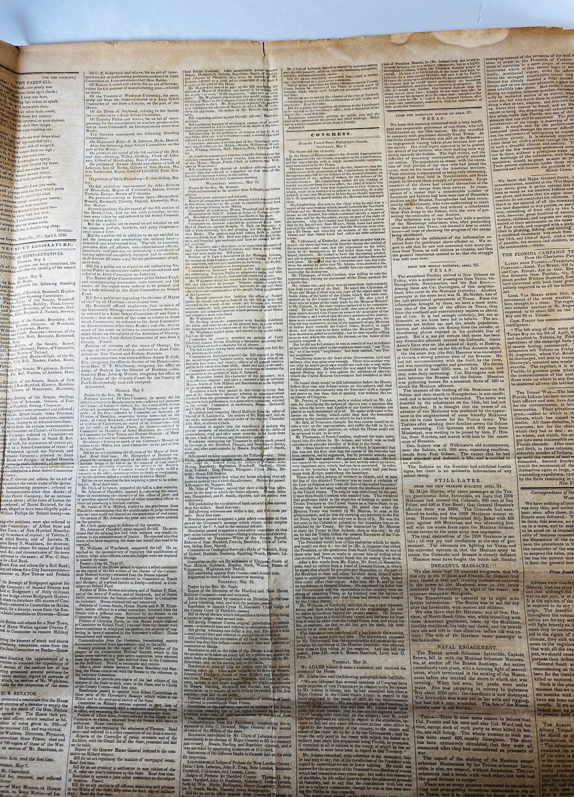 1836 Connecticut Courant Newspaper circa May 16, 1836 GENUINE antique newspaper pre-civil war. Hartford CT Godwin & Co