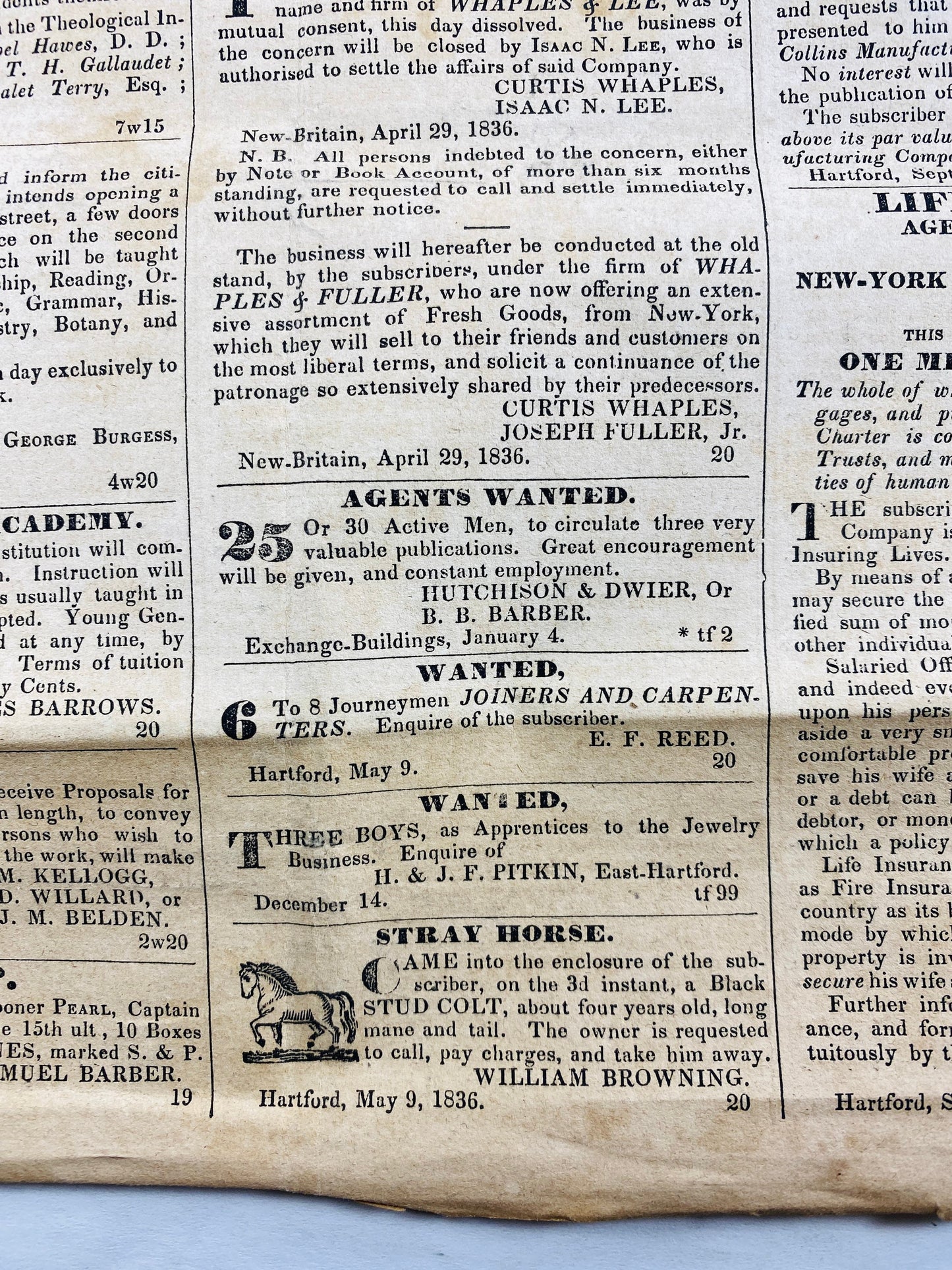 1836 Connecticut Courant Newspaper circa May 16, 1836 GENUINE antique newspaper pre-civil war. Hartford CT Godwin & Co