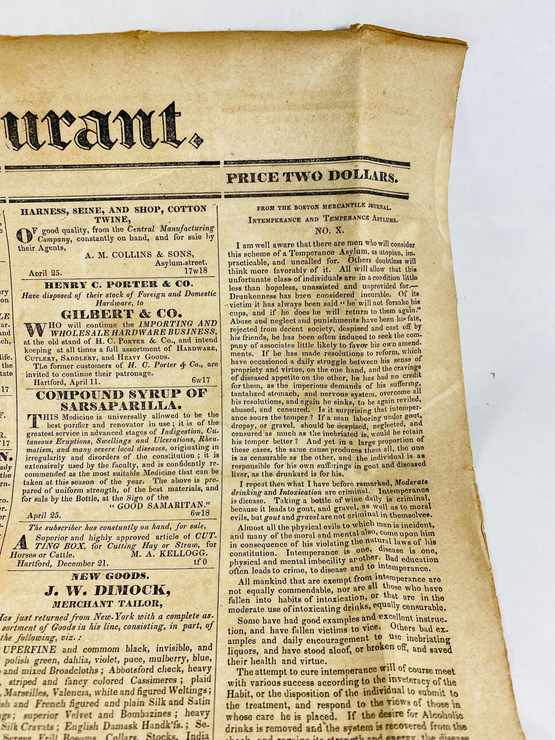 1836 Connecticut Courant Newspaper circa May 16, 1836 GENUINE antique newspaper pre-civil war. Hartford CT Godwin & Co