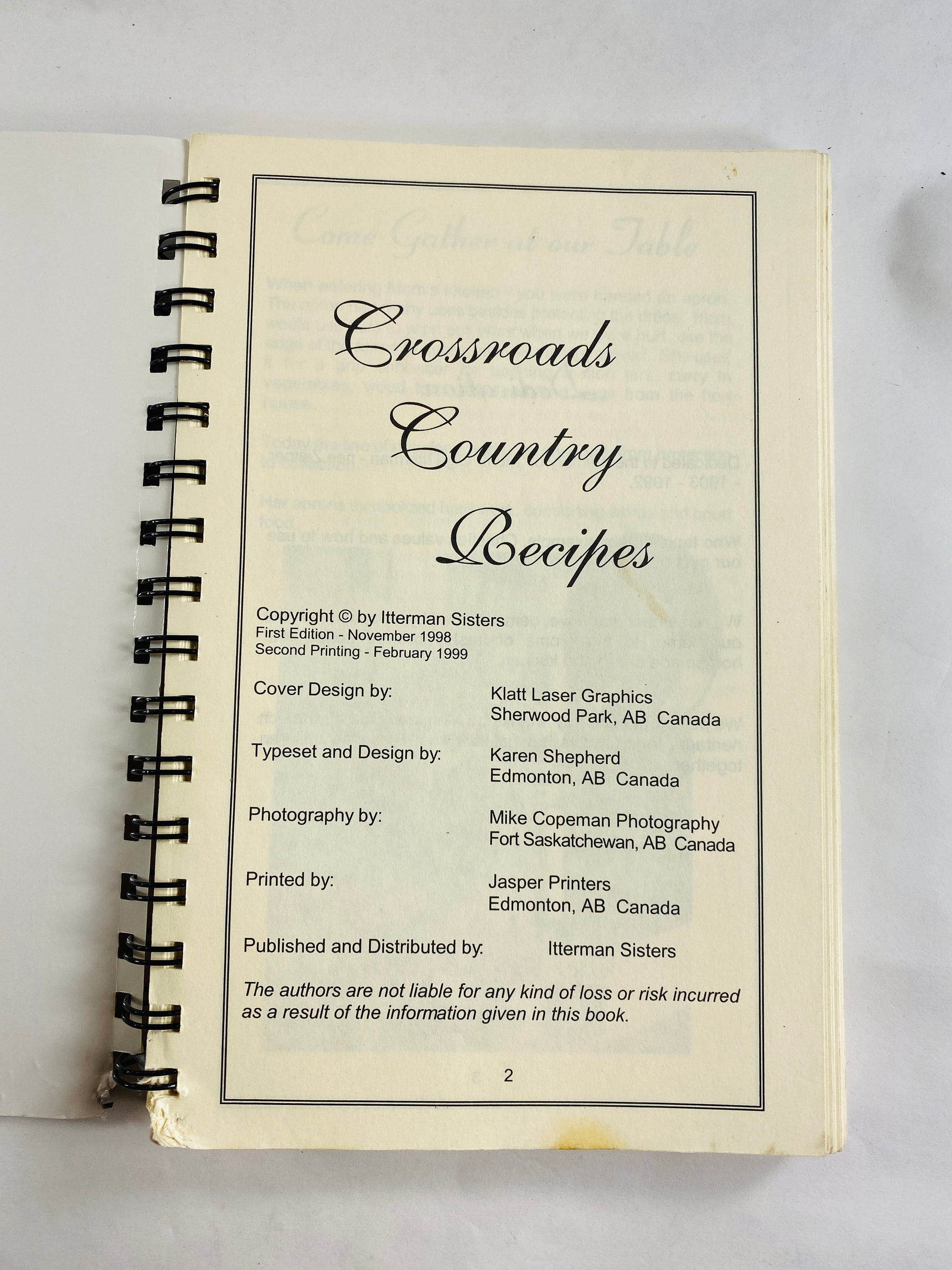 Crossroads Country Recipes Basics & Menus vintage FIRST EDITION cookbook by Itterman Sisters circa 1998 Biscuits corn bread Jello Cheesecake