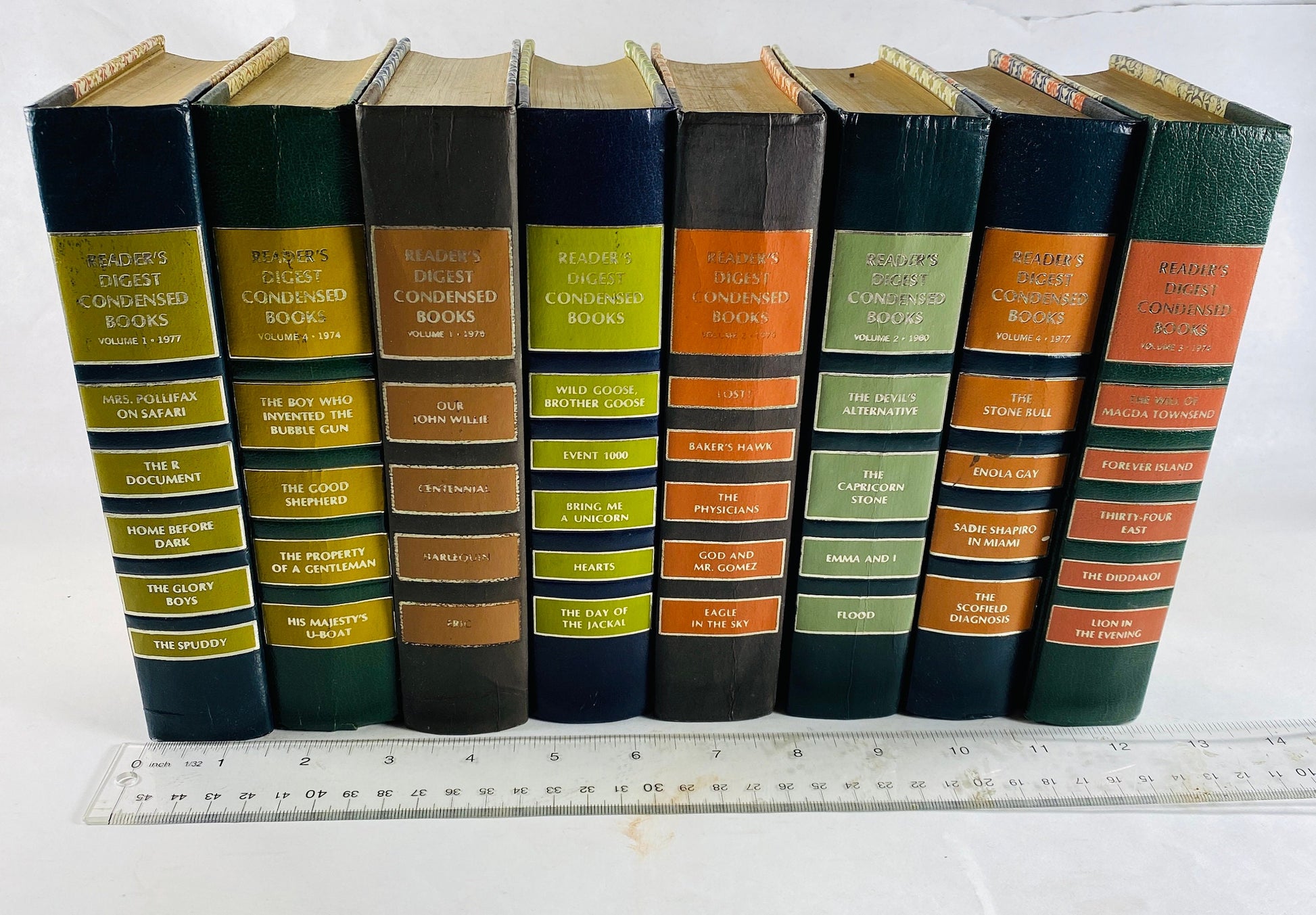 Set of four vintage 1970s Reader’s Digest books Blue brown burgundy & black Thomas Thompson Dorothy Gilman Frederick Forsyth Anne Lindbergh