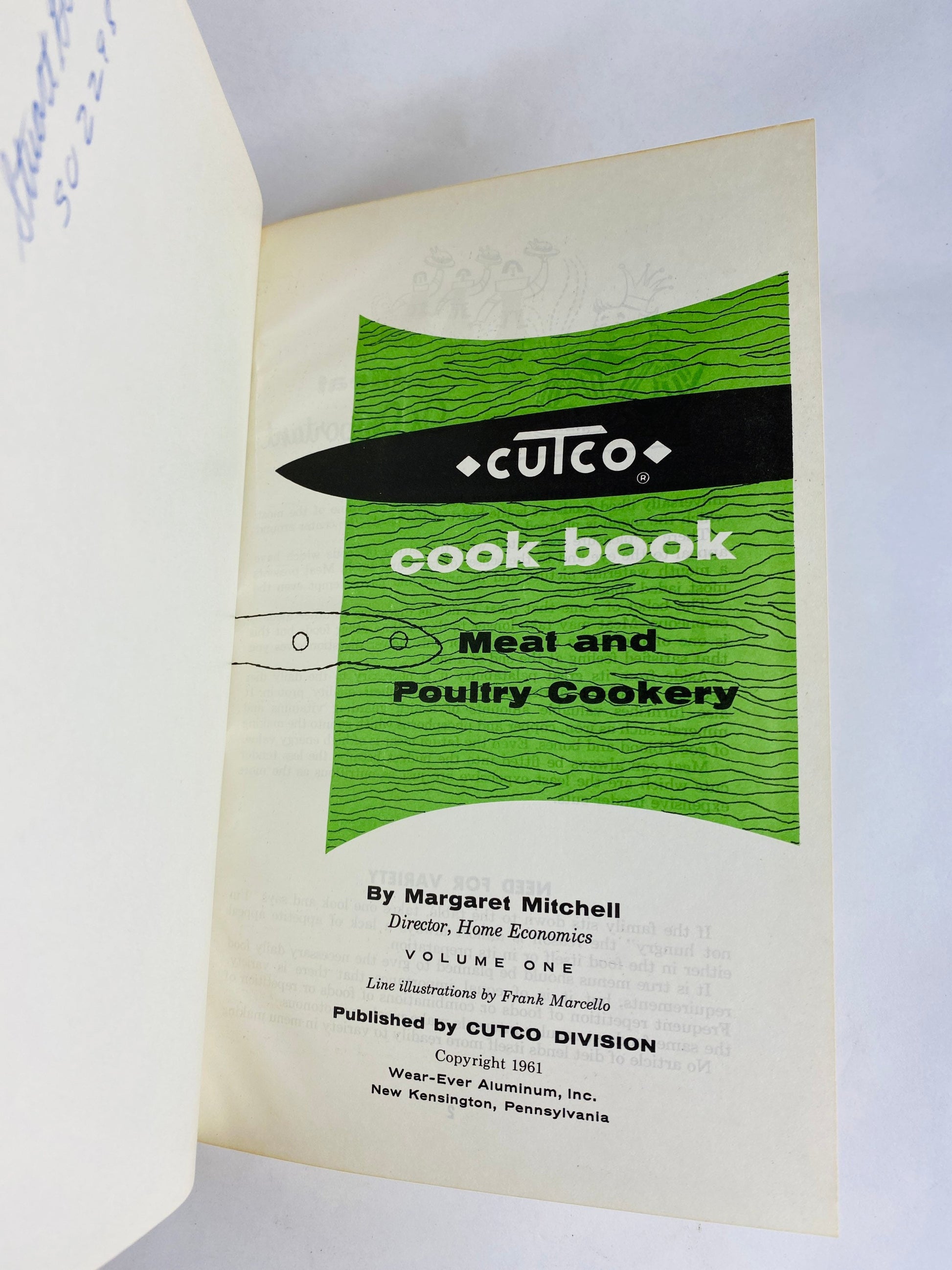 1961 Cutco Cook Book vintage cookbook with vibrant boards! Meat and chicken recipes by Margaret Mitchell and guide to buying meat.