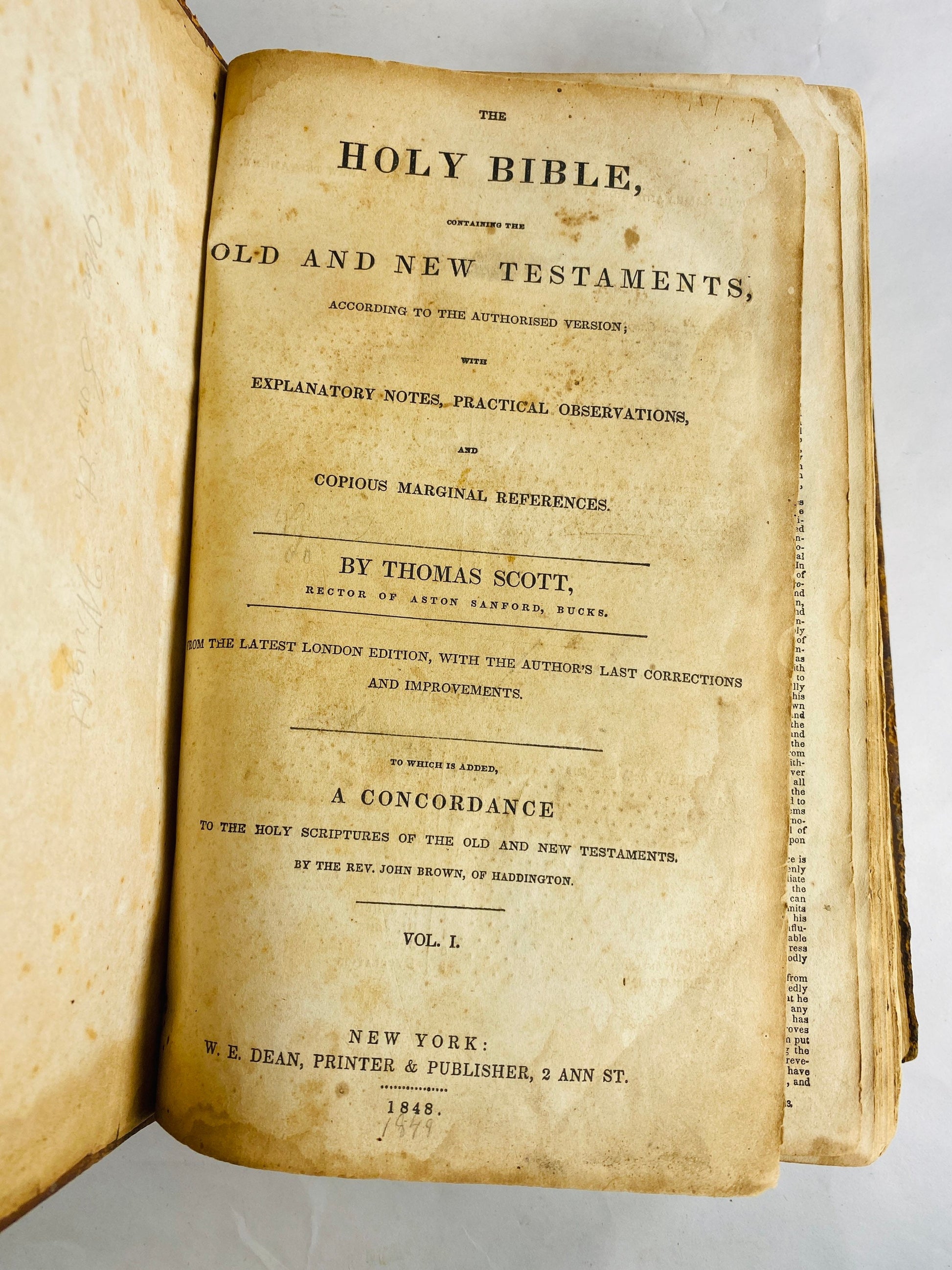 1848 Holy Bible vol 1 New York Thomas Scott John Brown Scotland church minister Haddington Church Worn leather cover New & Old Testaments