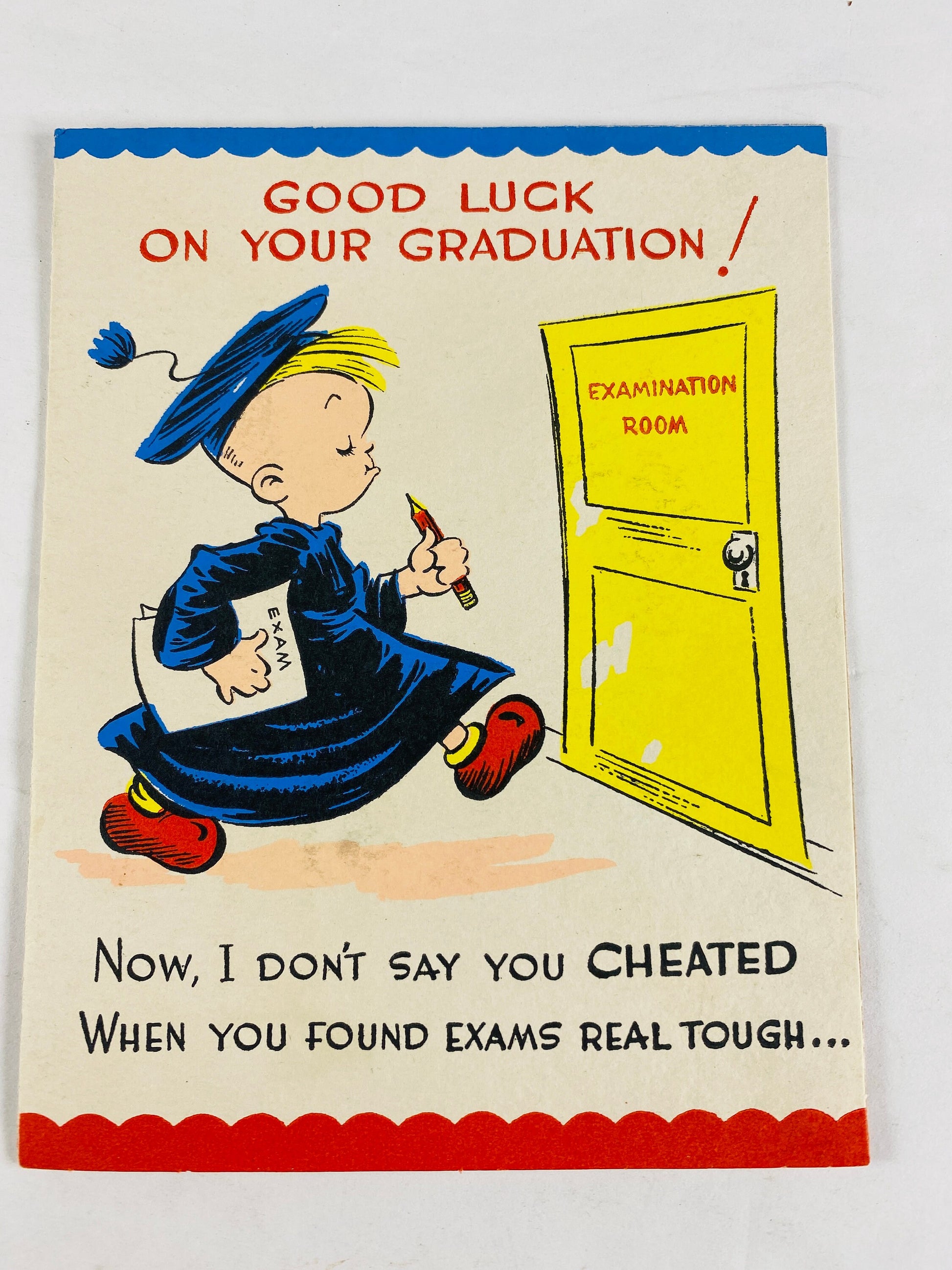 1950 Barker Cards vintage Graduation congratulations card UNUSED featuring graduate who wrote notes up his sleeve Greeting nostalgia