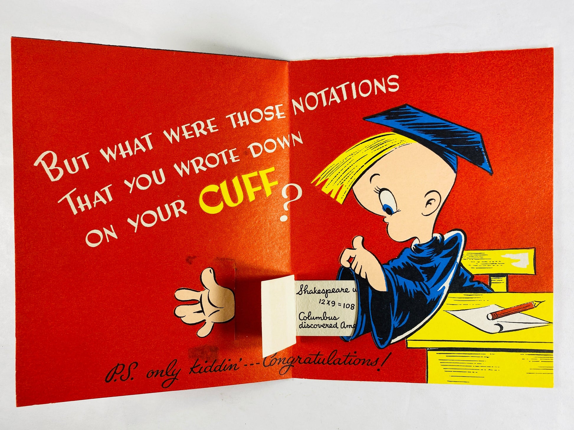 1950 Barker Cards vintage Graduation congratulations card UNUSED featuring graduate who wrote notes up his sleeve Greeting nostalgia