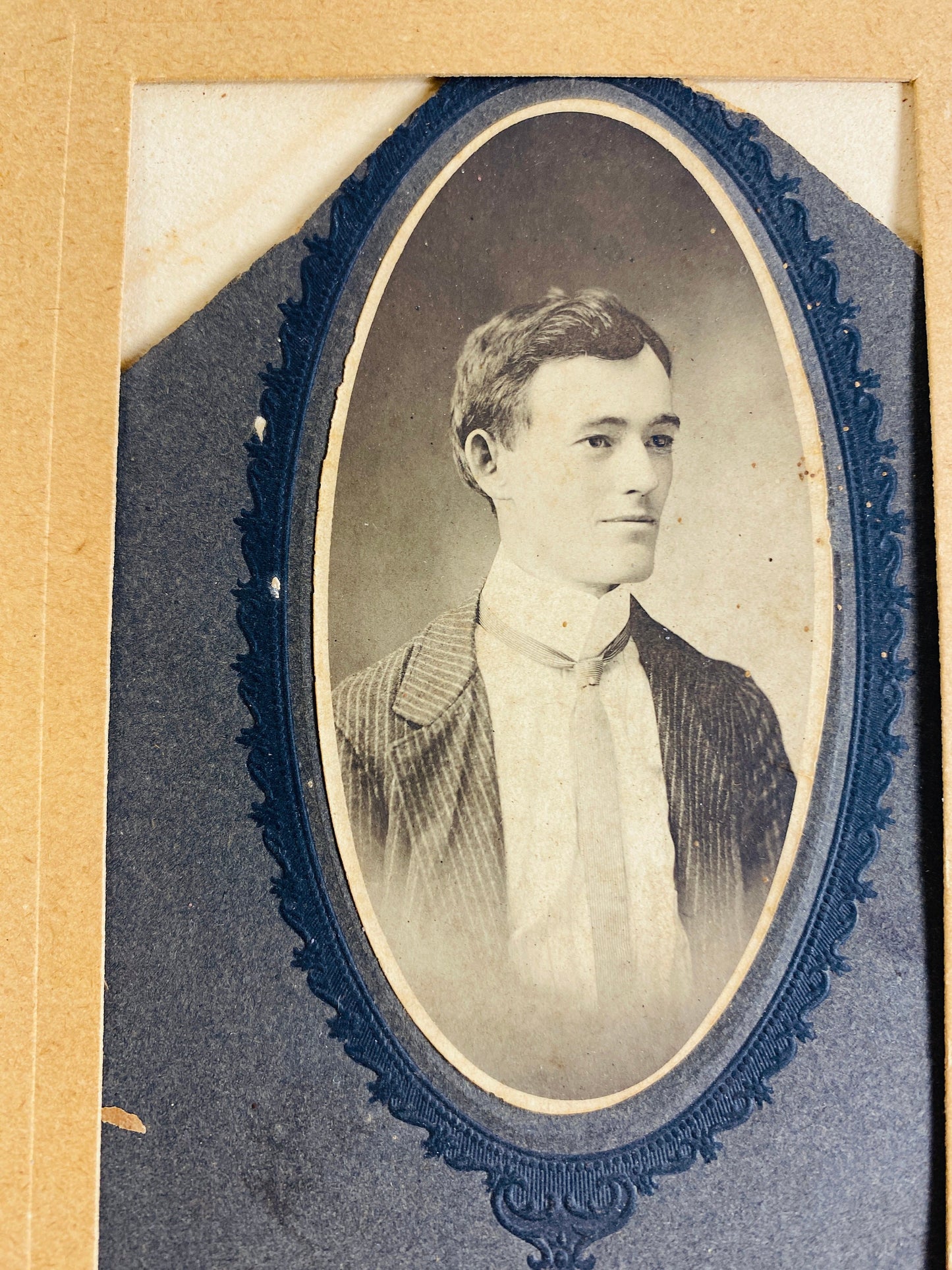 1890s Post Civil War era Photo portrait of young man, brown hair in pin stripe suit & tie, high collar Antique photograph vintage picture