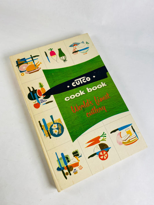 1961 Cutco Cook Book vintage cookbook with vibrant boards! Meat and chicken recipes by Margaret Mitchell and guide to buying meat.