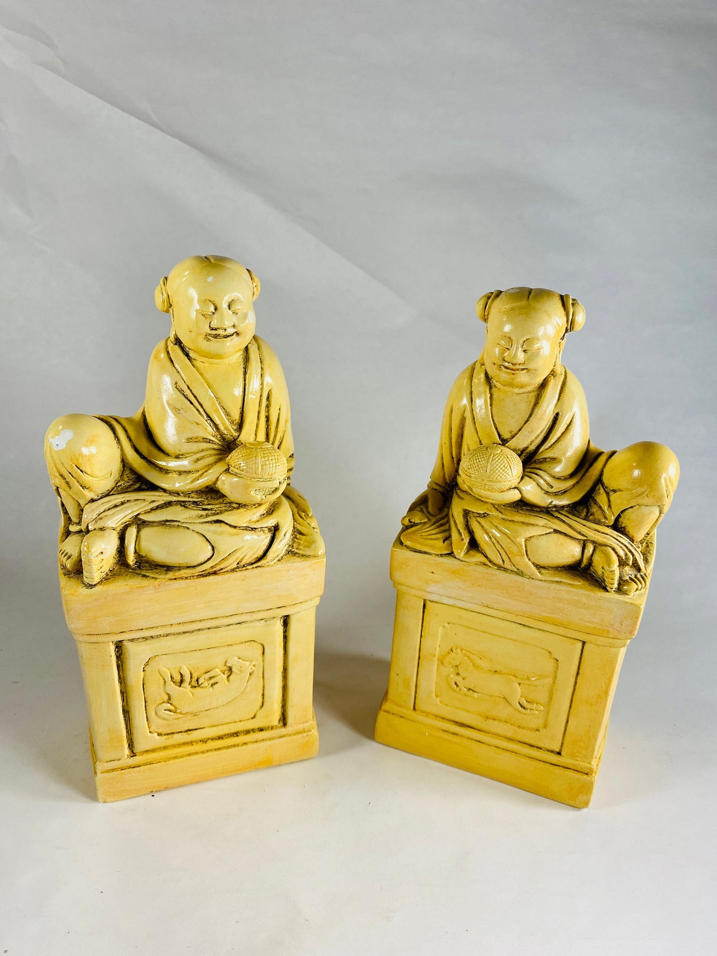 1980 Alabaster gypsum vintage Alva Museum bookends Highly detailed vintage carved stone Buddhist statues authentic replica sculptures Set