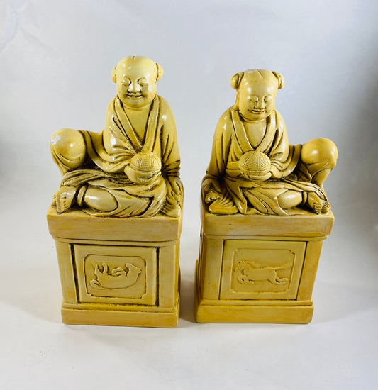 Highly detailed vintage carved stone Buddhist bookends statues authentic gypsum sculptures set Alabaster Alva Museum