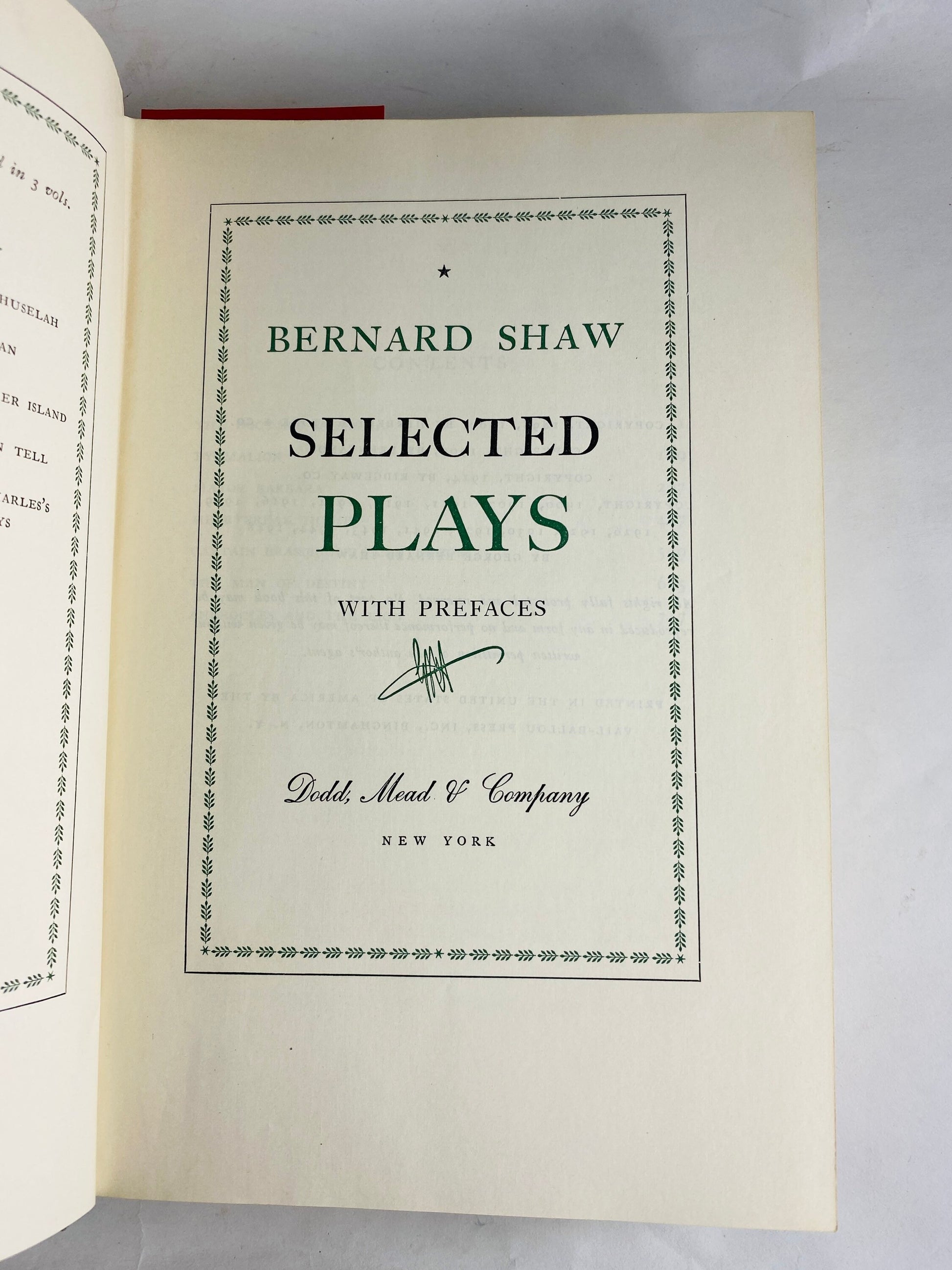 George Bernard Shaw vintage book of plays circa 1947. Theatre green bookshelf decor