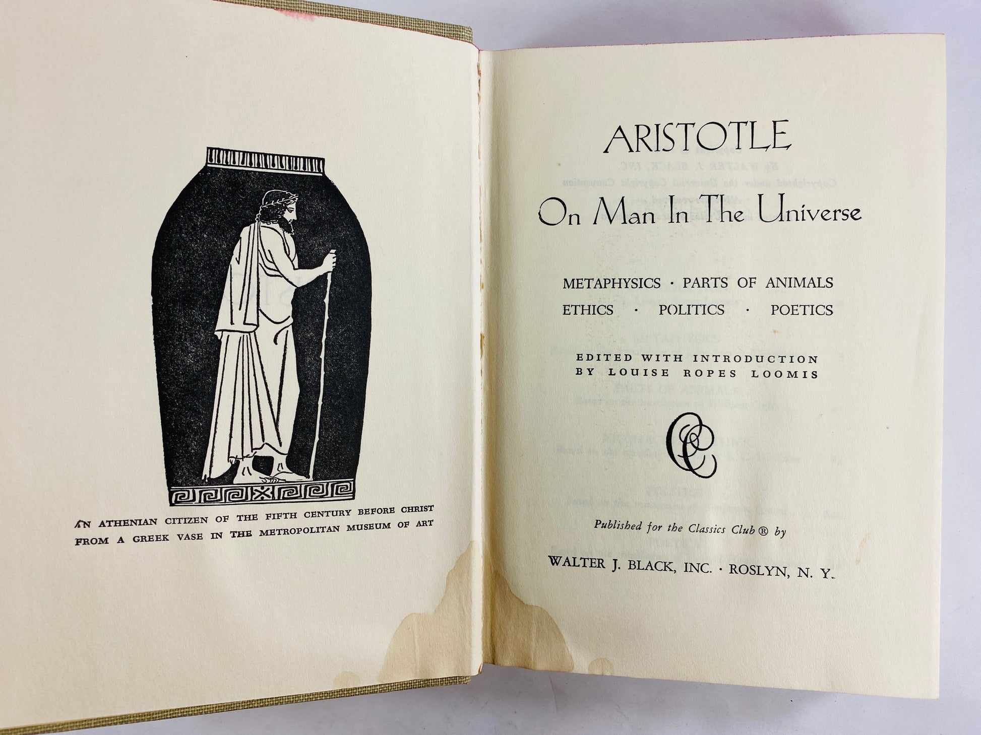 Aristotle circa 1943 Gray cloth covered vintage book. Nicomachean Ethics and Poetics Physics Metaphysics and Politics. POOR Condition