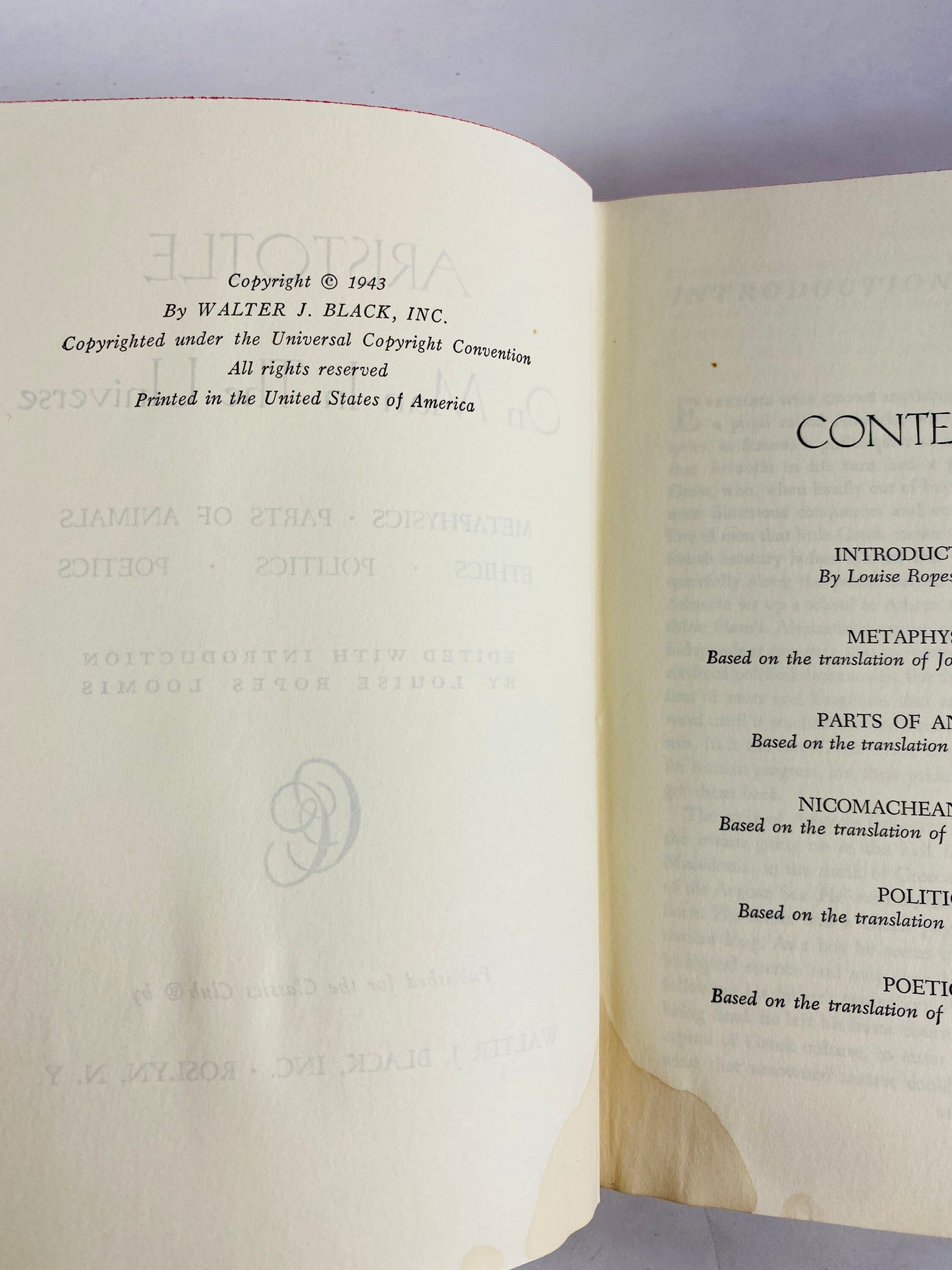 Aristotle circa 1943 Gray cloth covered vintage book. Nicomachean Ethics and Poetics Physics Metaphysics and Politics. POOR Condition