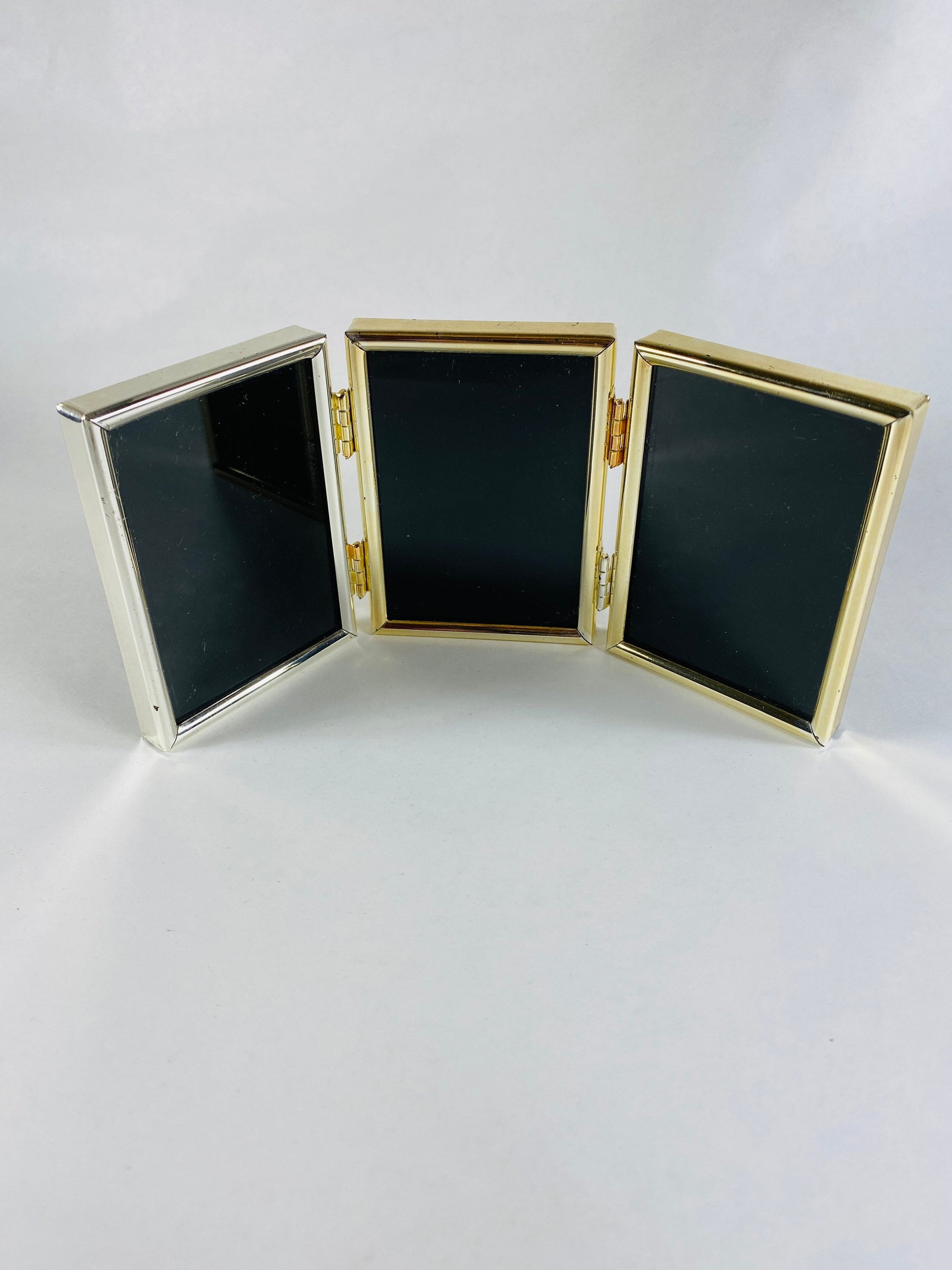 Vintage silver gold tone 3 photograph picture frame wide tabletop photo 3 x 3 circa 1980s Elegant home office decor art nouveau