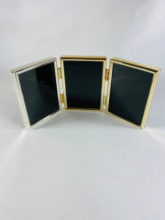 Vintage silver gold tone 3 photograph picture frame wide tabletop photo 3 x 3 circa 1980s Elegant home office decor art nouveau