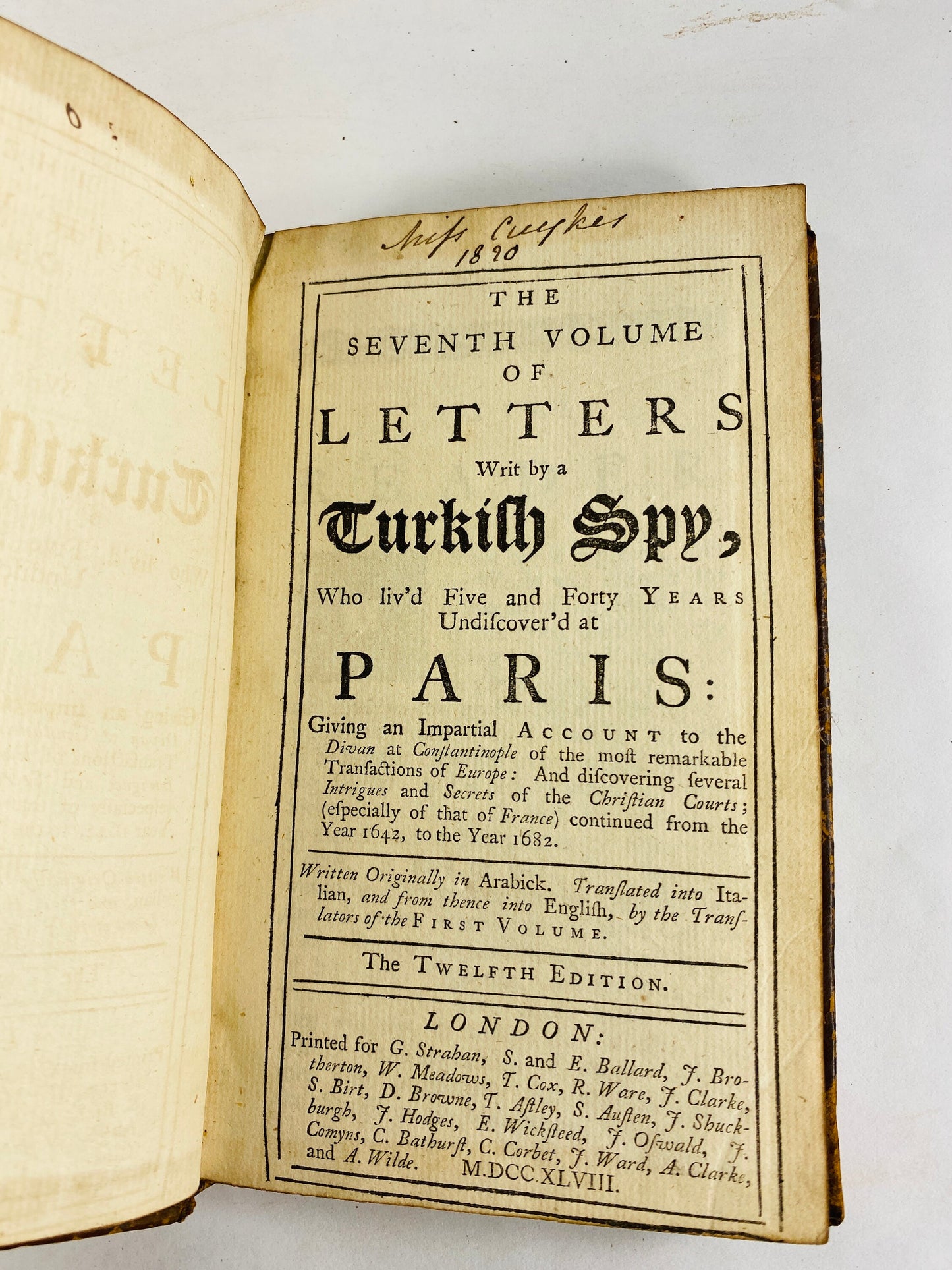 1748 Letters Writ by a Turkish Spy antique book by Giovanni Paolo Marana vintage vol 7 by political refugee to the French court of Louis XIV