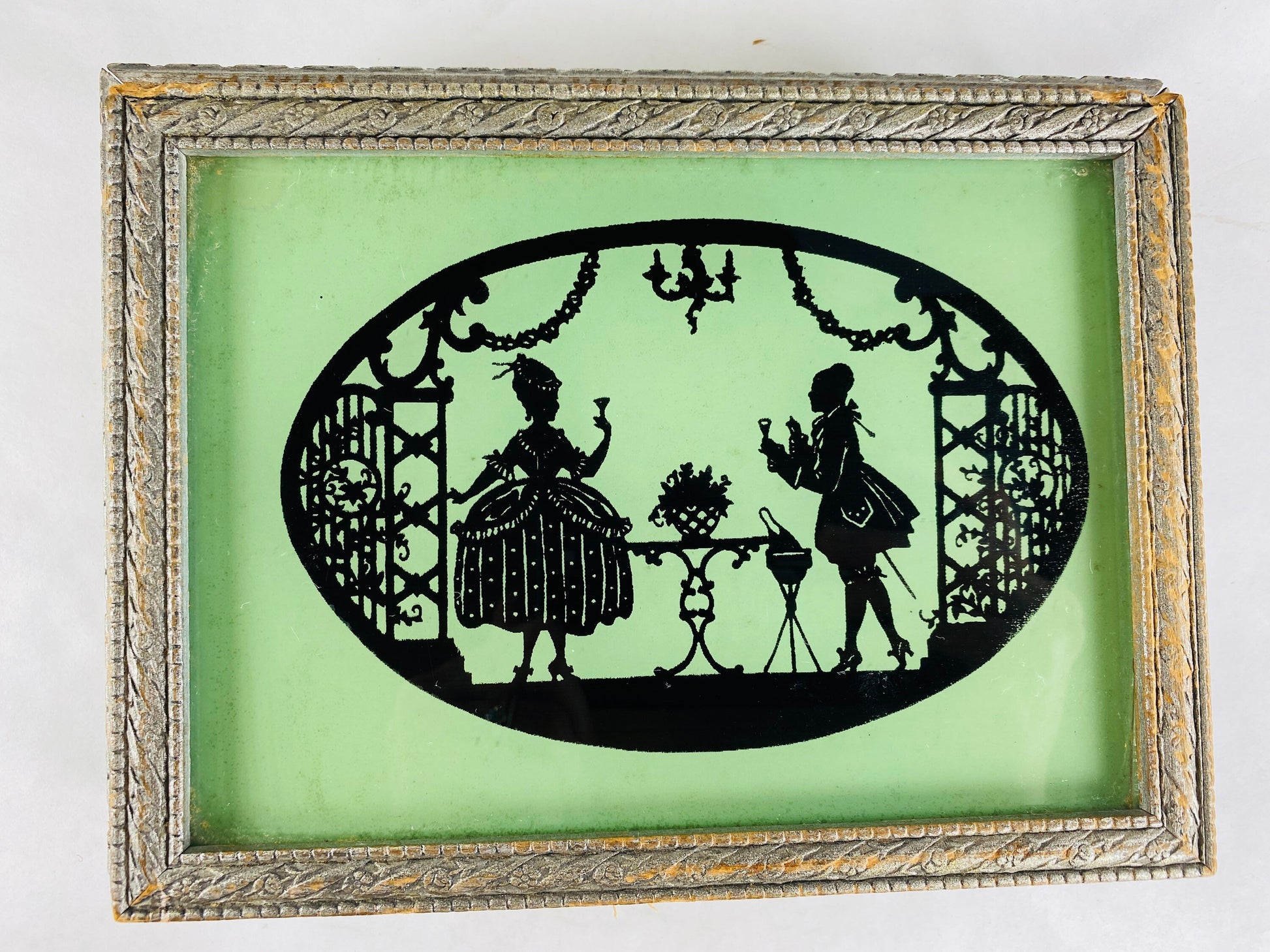 Art nouveau vintage letter box circa 1940s GORGEOUS mint green & black Victorian silhouette mirrored, wood frame jewelry trinket storage