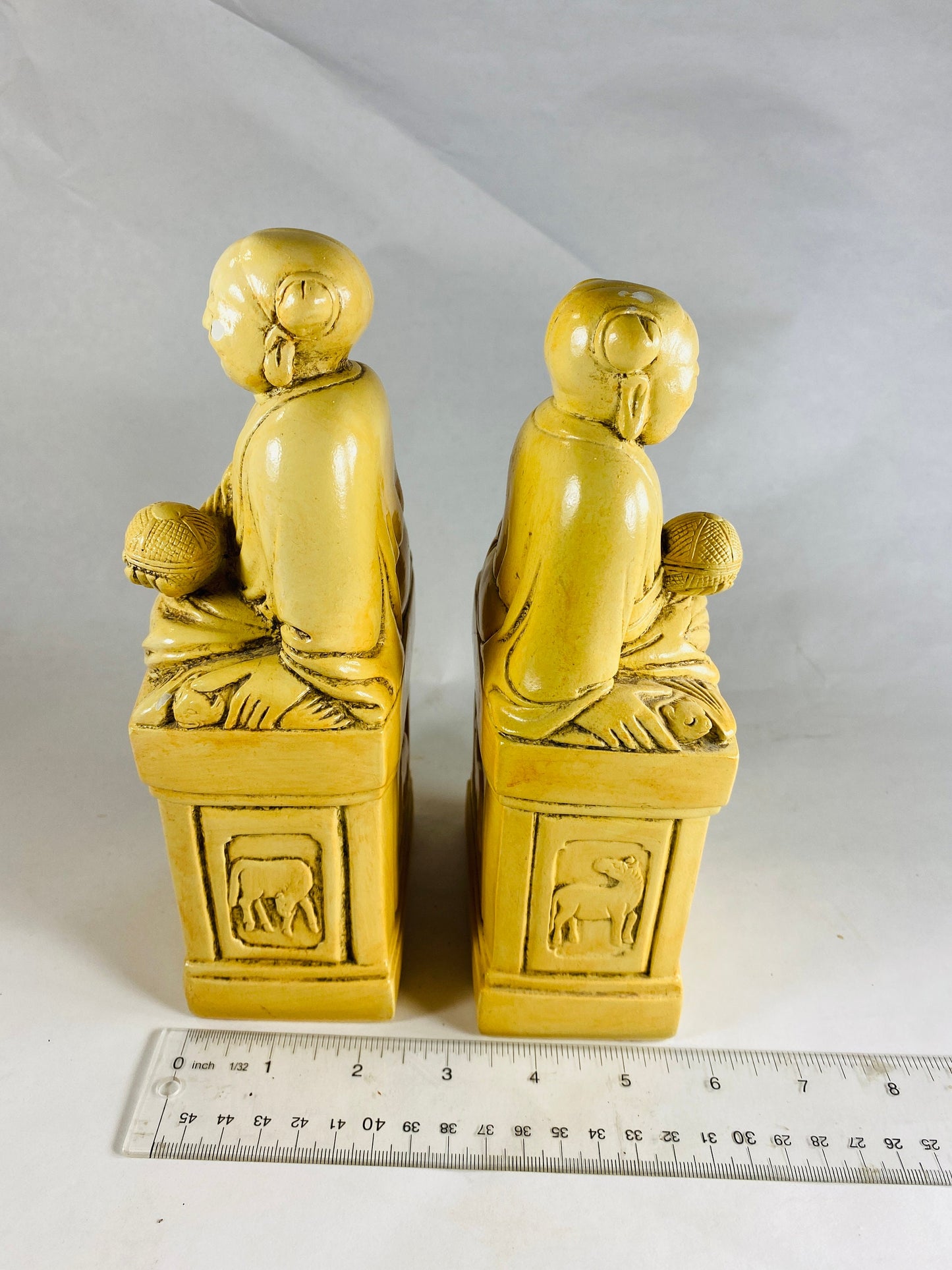 Highly detailed vintage carved stone Buddhist bookends statues authentic gypsum sculptures set Alabaster Alva Museum