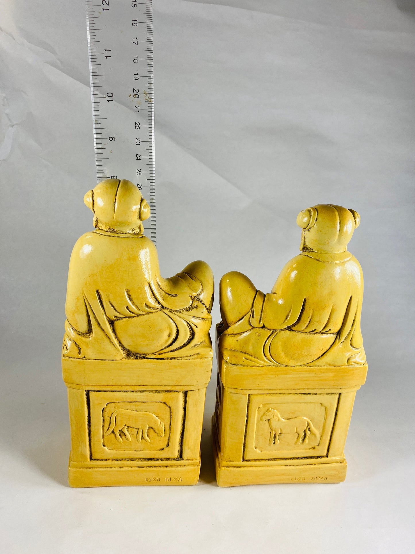 Highly detailed vintage carved stone Buddhist bookends statues authentic gypsum sculptures set Alabaster Alva Museum