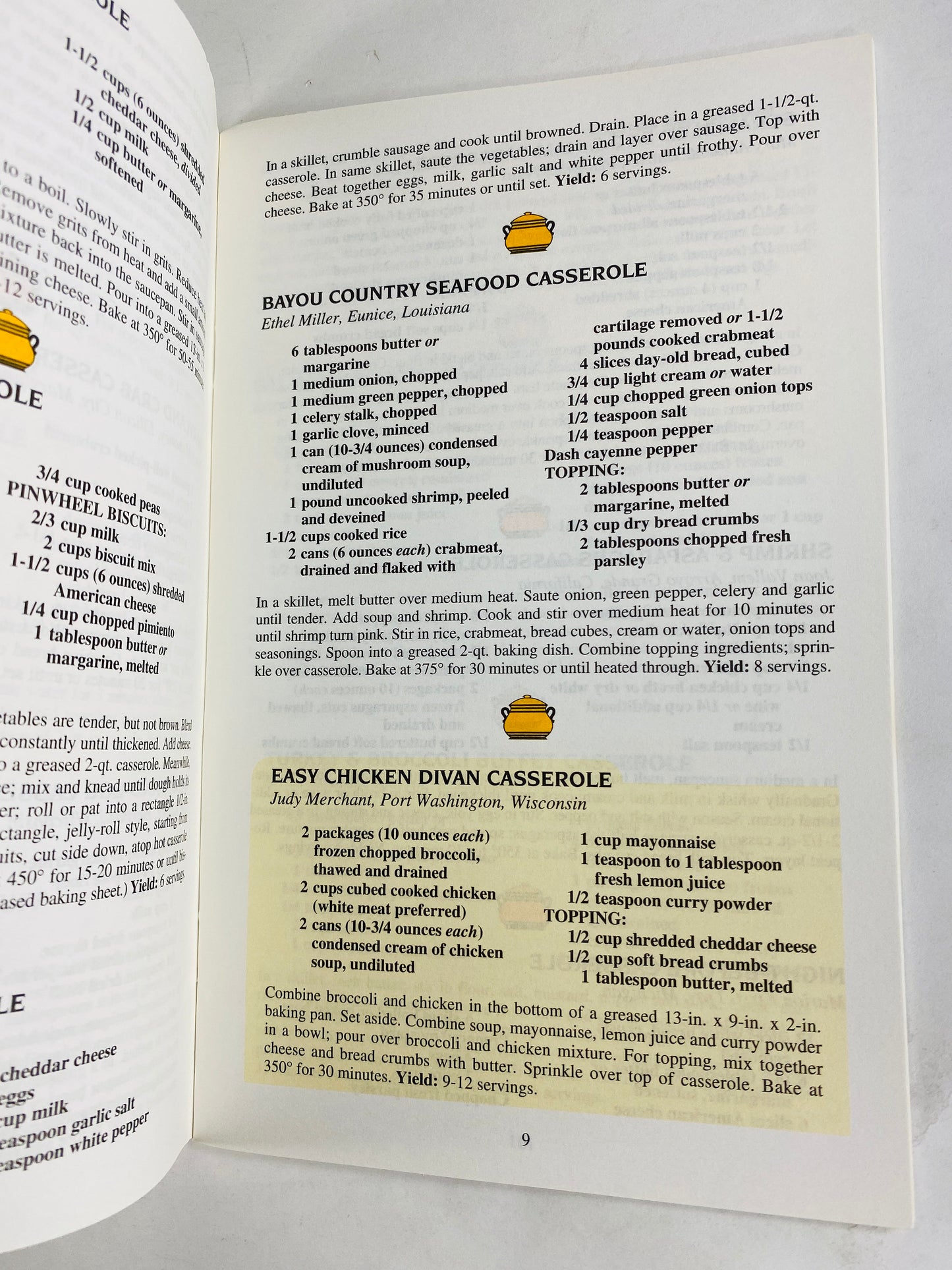 Country Casseroles Vintage cookbook booklet with unusual and traditional breakfast brunch, main and side dish recipes Egg Souffle seafood