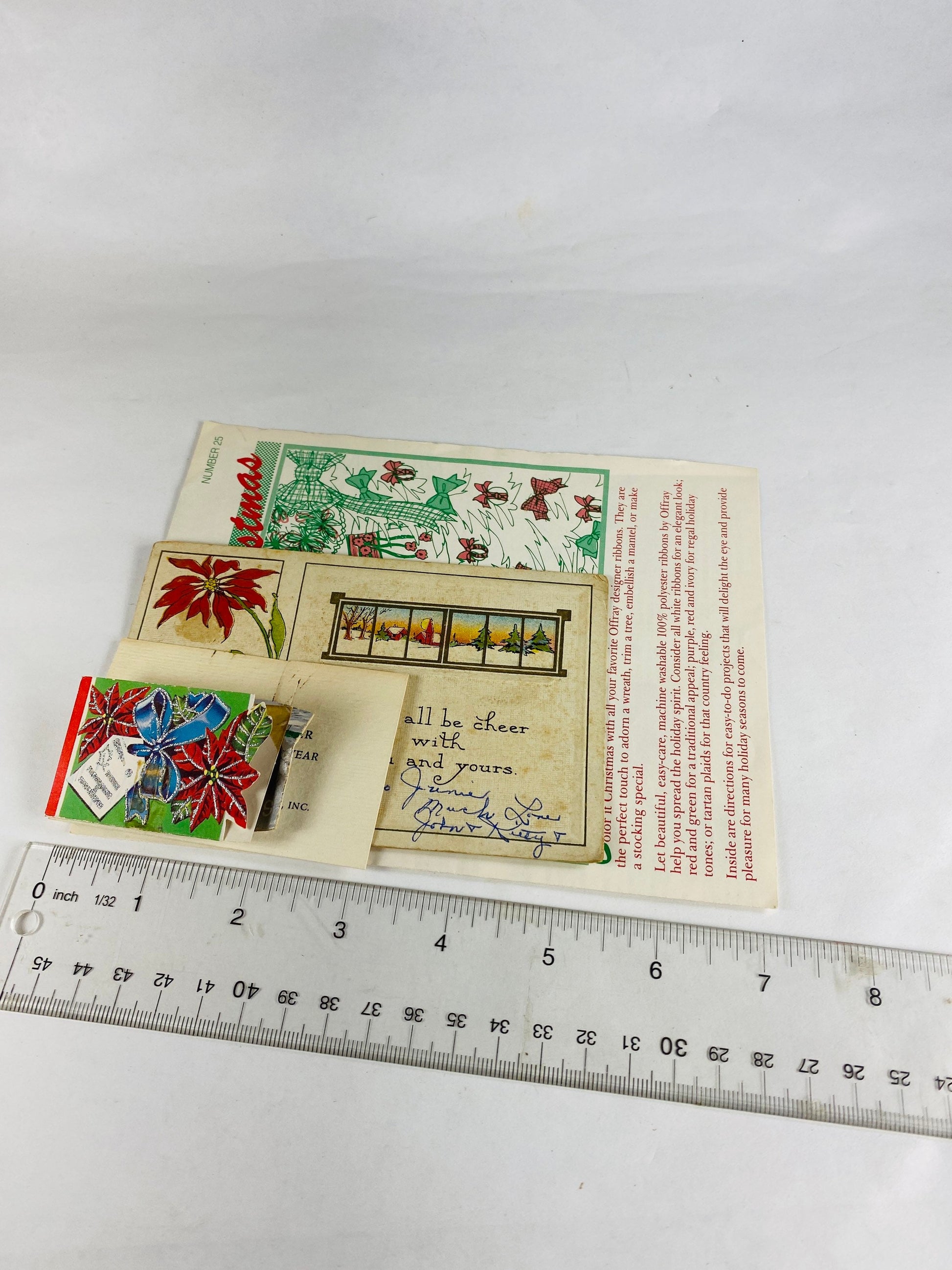 Antique and Vintage Christmas gift tags, postcard, book club card & Offray ribbon instruction booklet. 5 holiday paper lot decor scrapbook