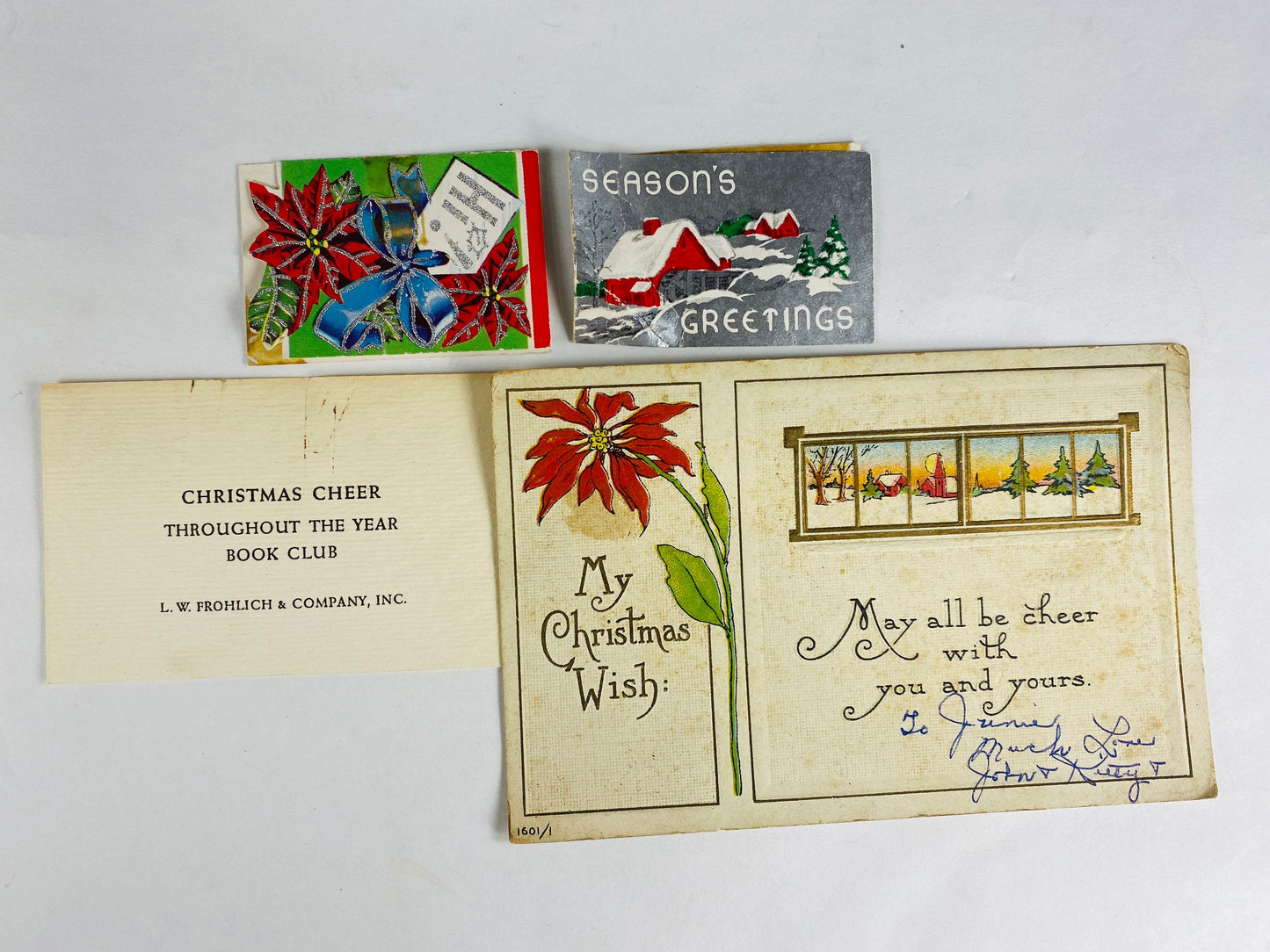 Antique and Vintage Christmas gift tags, postcard, book club card & Offray ribbon instruction booklet. 5 holiday paper lot decor scrapbook