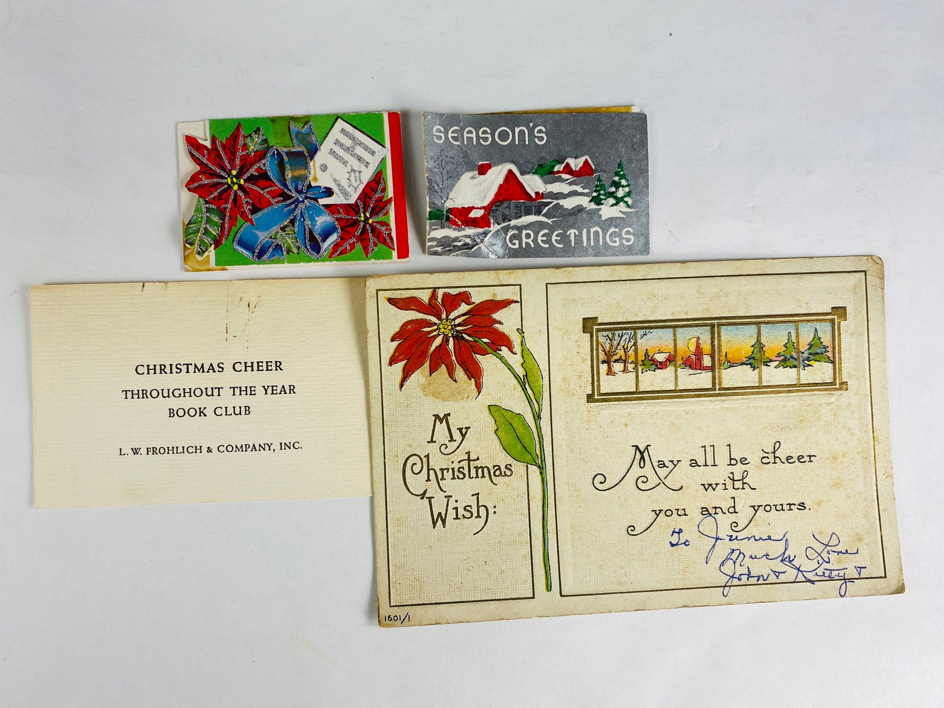 Antique and Vintage Christmas gift tags, postcard, book club card & Offray ribbon instruction booklet. 5 holiday paper lot decor scrapbook