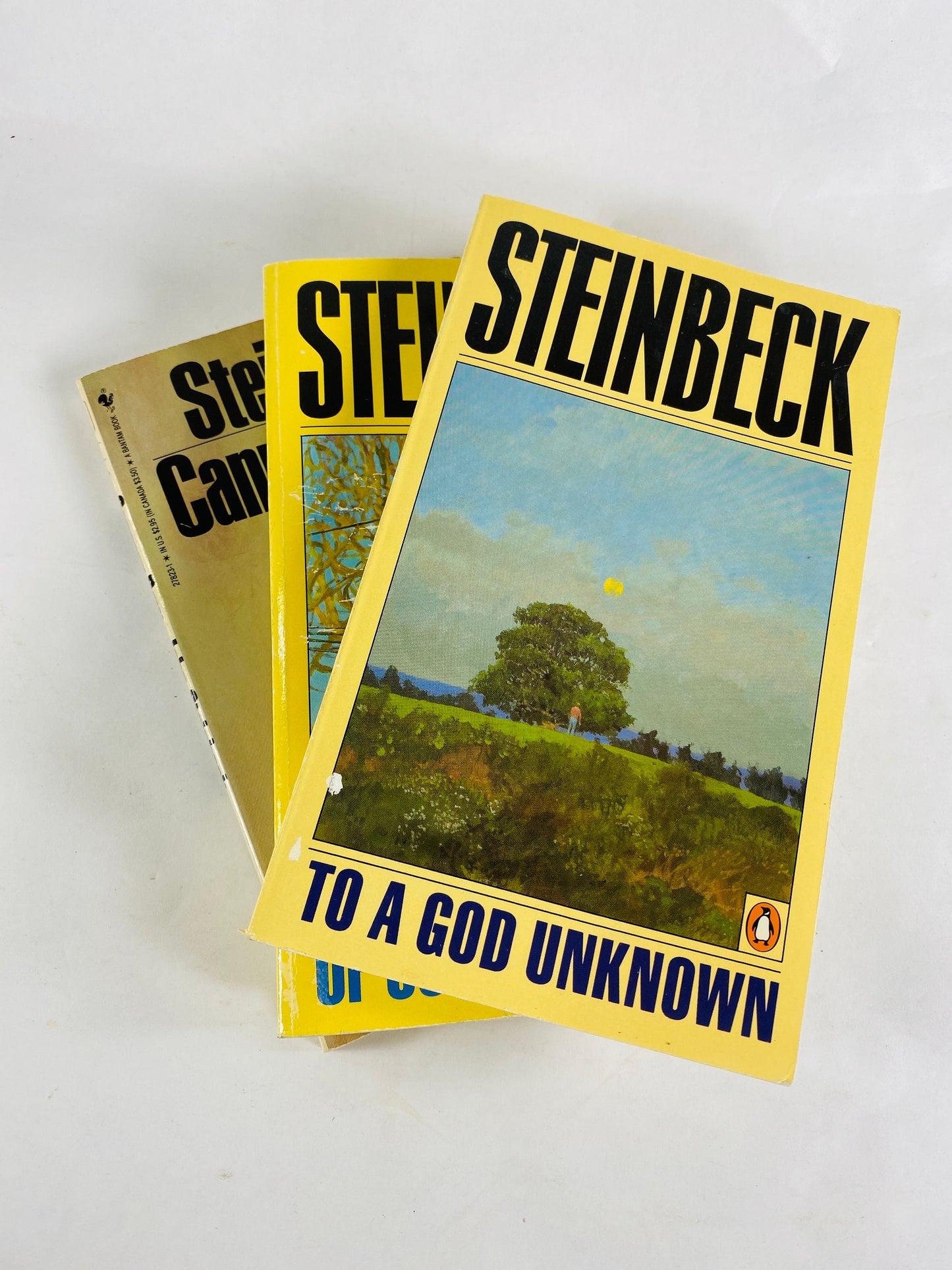 1986 John Steinbeck Vintage paperback book Cannery Row, To a God Unknown, Winter of our Discontent Pulitzer Prize Stocking stuffer Penguin