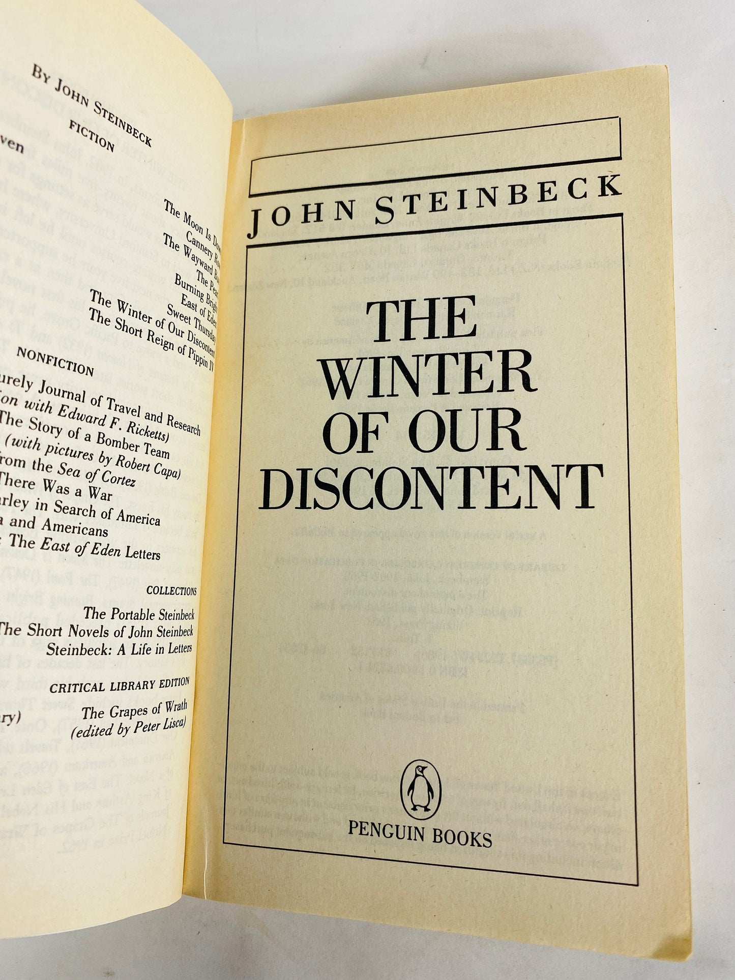 1986 John Steinbeck Vintage paperback book Cannery Row, To a God Unknown, Winter of our Discontent Pulitzer Prize Stocking stuffer Penguin