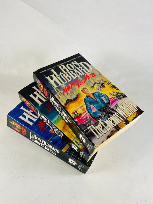 1986 Mission Earth L Ron Hubbard Enemy Within Doomed Planet Villainy Victorious FIRST Printing vintage paperback book lot