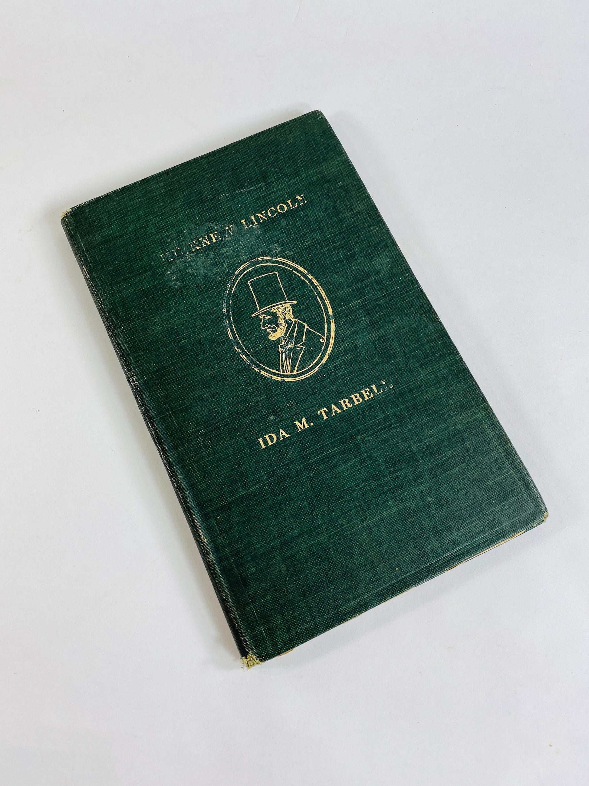 Small green vintage book about Abraham Lincoln written by Ida Tarbell in 1908. First Edition