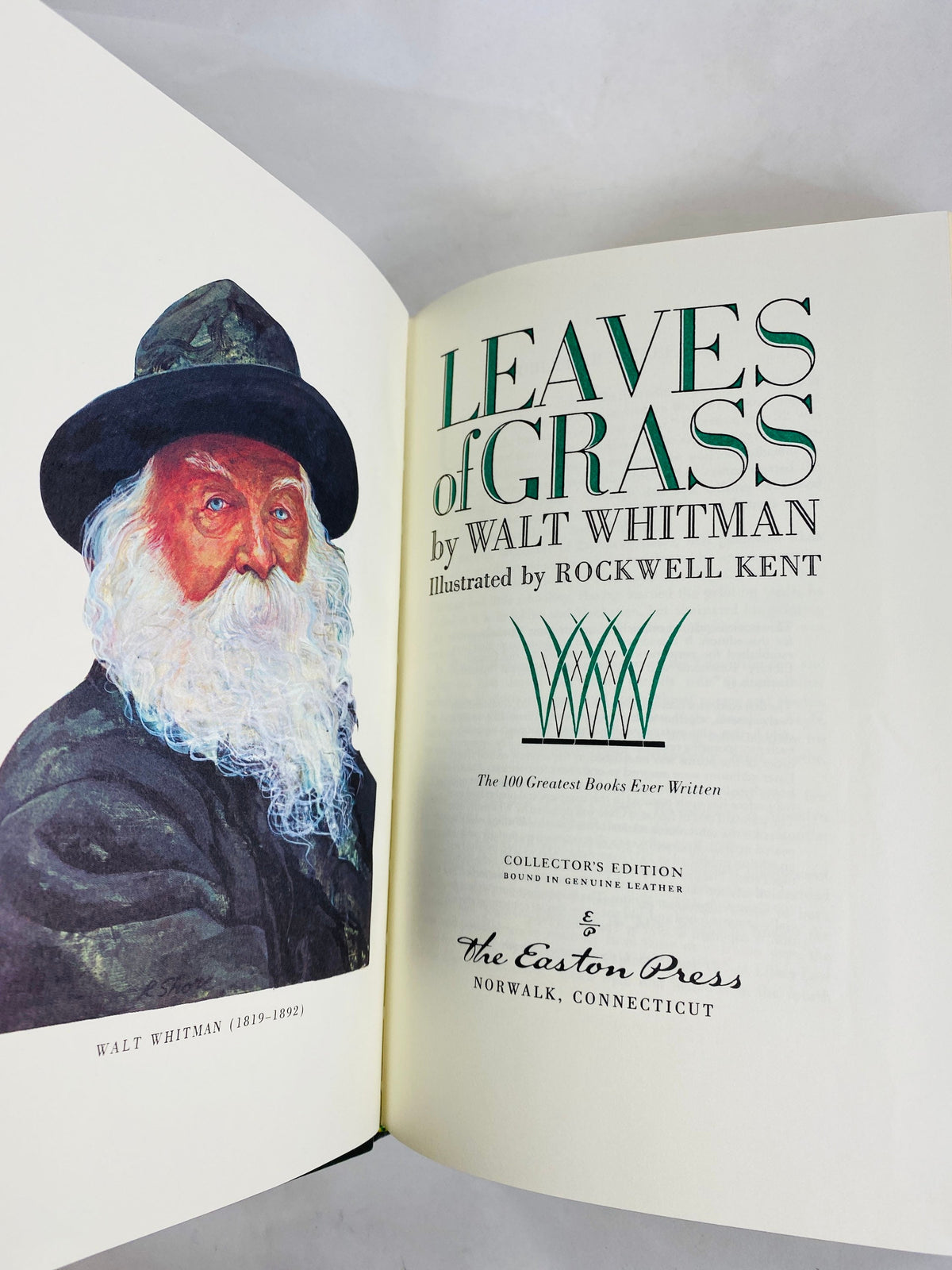 Leaves of Grass vintage EASTON PRESS book by Walt Whitman Vintage green leather decor with beautiful gilded gold circa 1977. Poetry