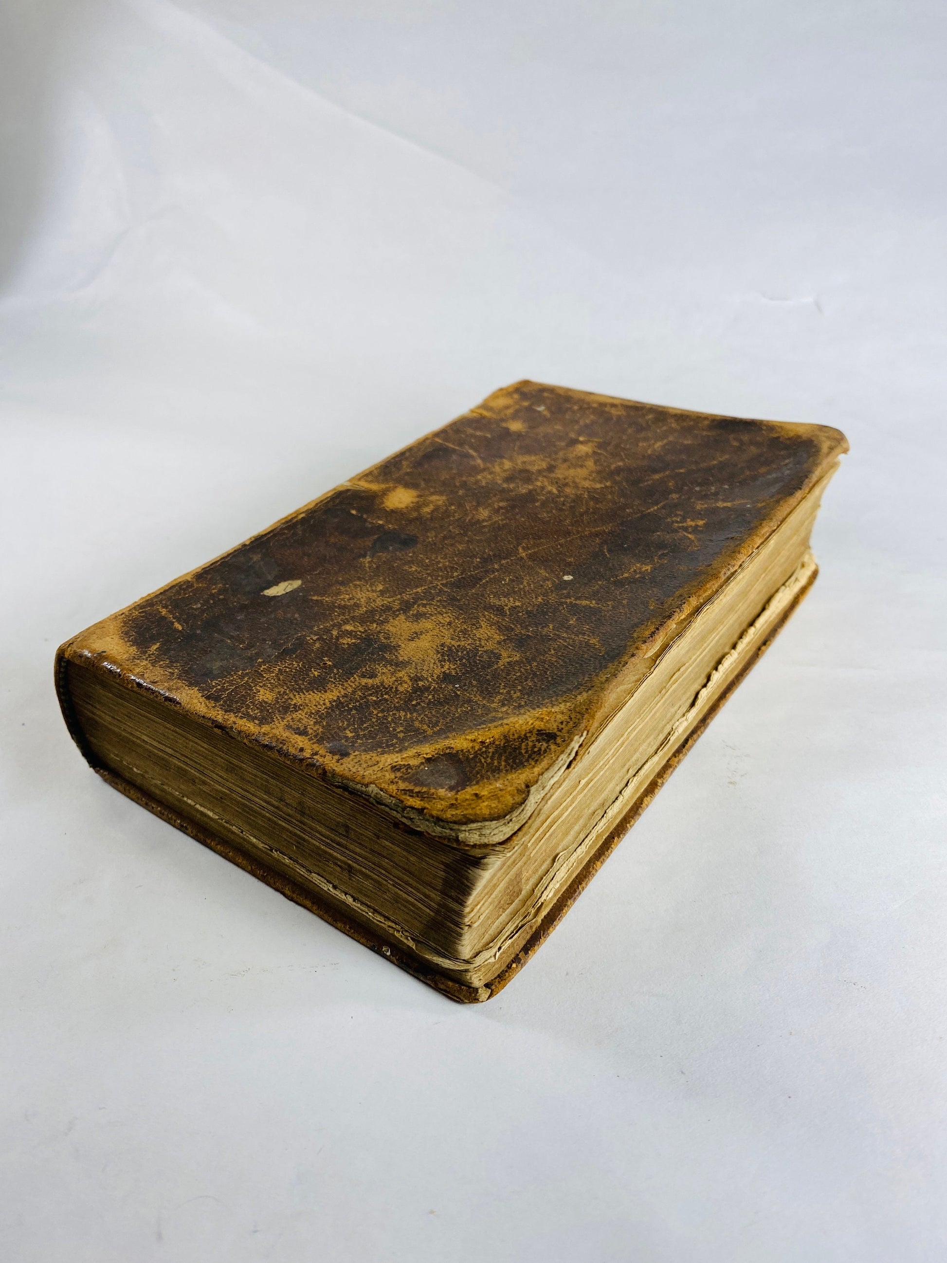 1849 Holy Bible New York American Bible Society Worn brown leather cover New & Old Testaments pre Civil War era home bookshelf decor