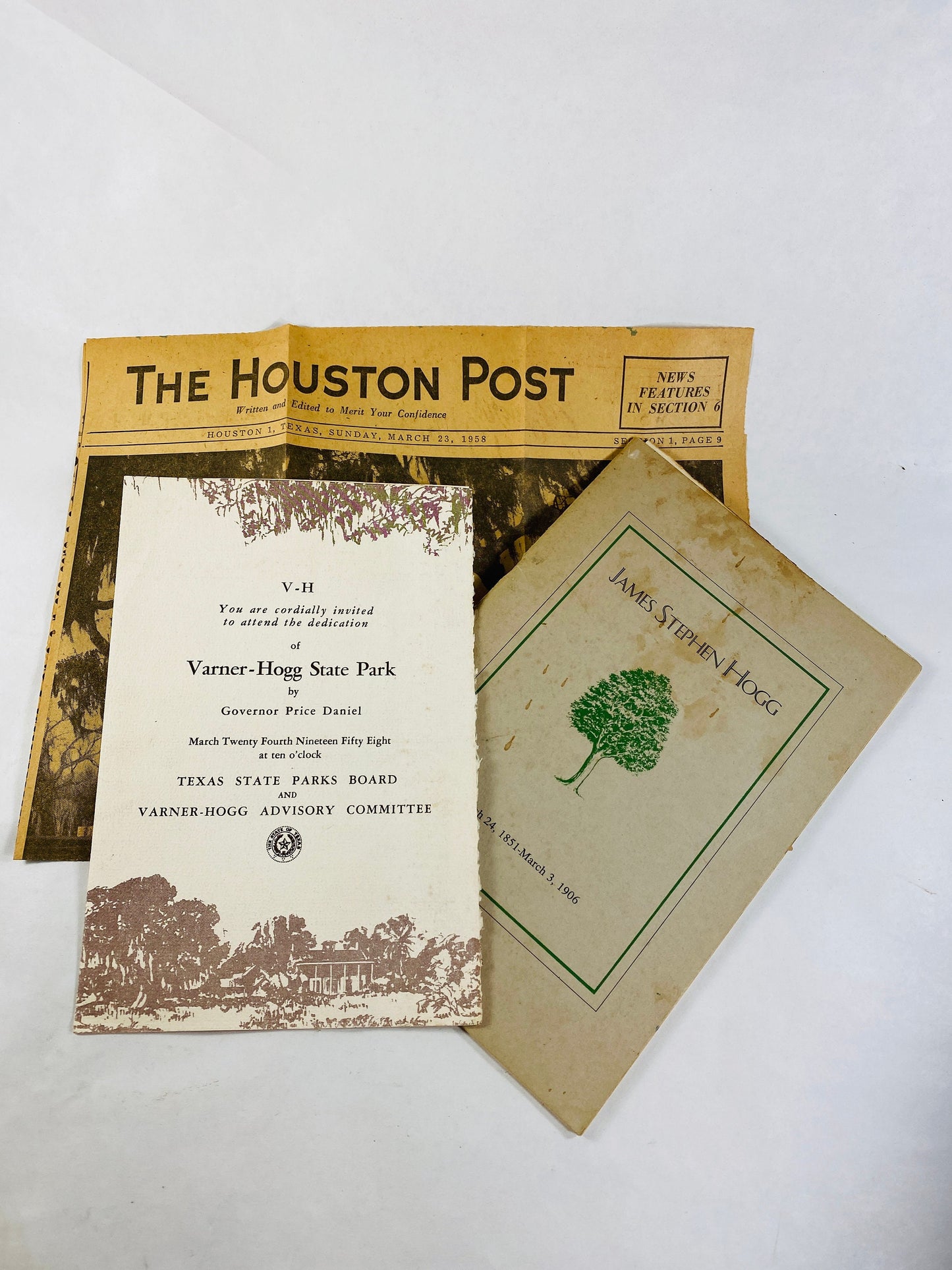 1958 Varner Hogg Houston family vintage dedication news article & Texas history booklet family donated land given by Stephen F Austin 1824