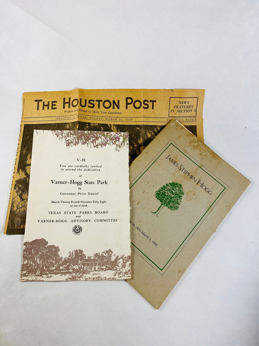 1958 Varner Hogg Houston family vintage dedication news article & Texas history booklet family donated land given by Stephen F Austin 1824