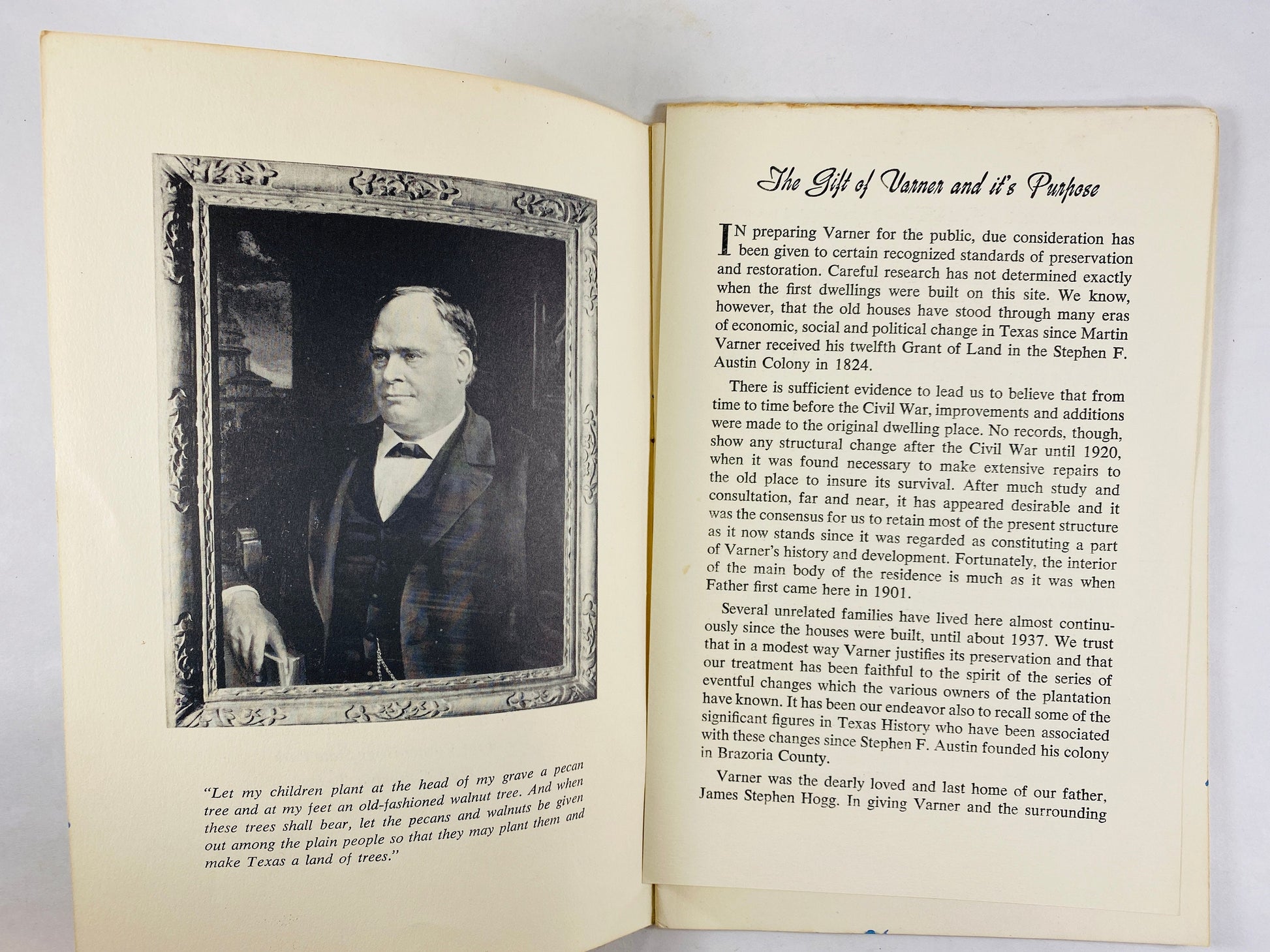 1958 Varner Hogg Houston family vintage dedication news article & Texas history booklet family donated land given by Stephen F Austin 1824
