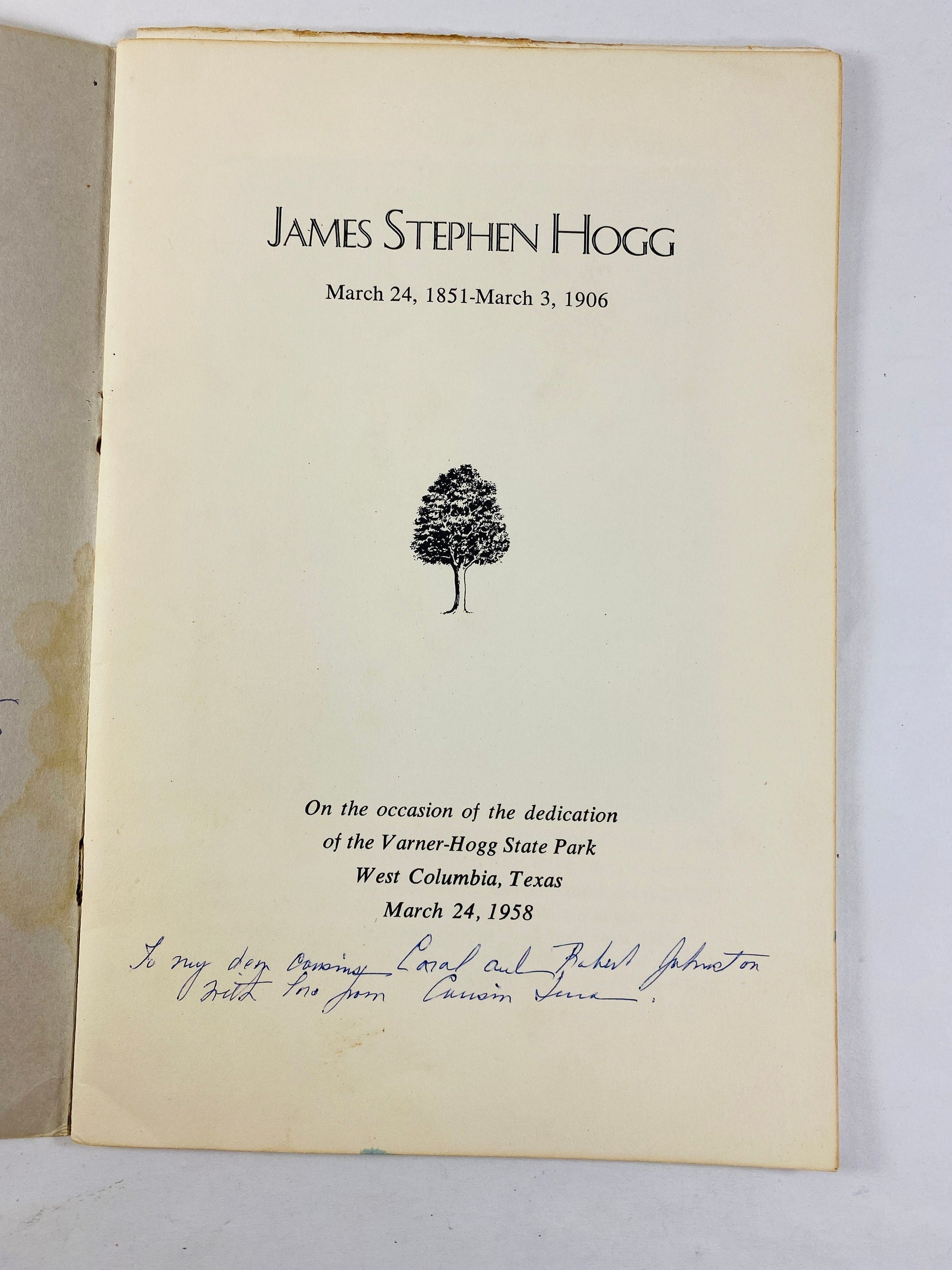 1958 Varner Hogg Houston family vintage dedication news article & Texas history booklet family donated land given by Stephen F Austin 1824