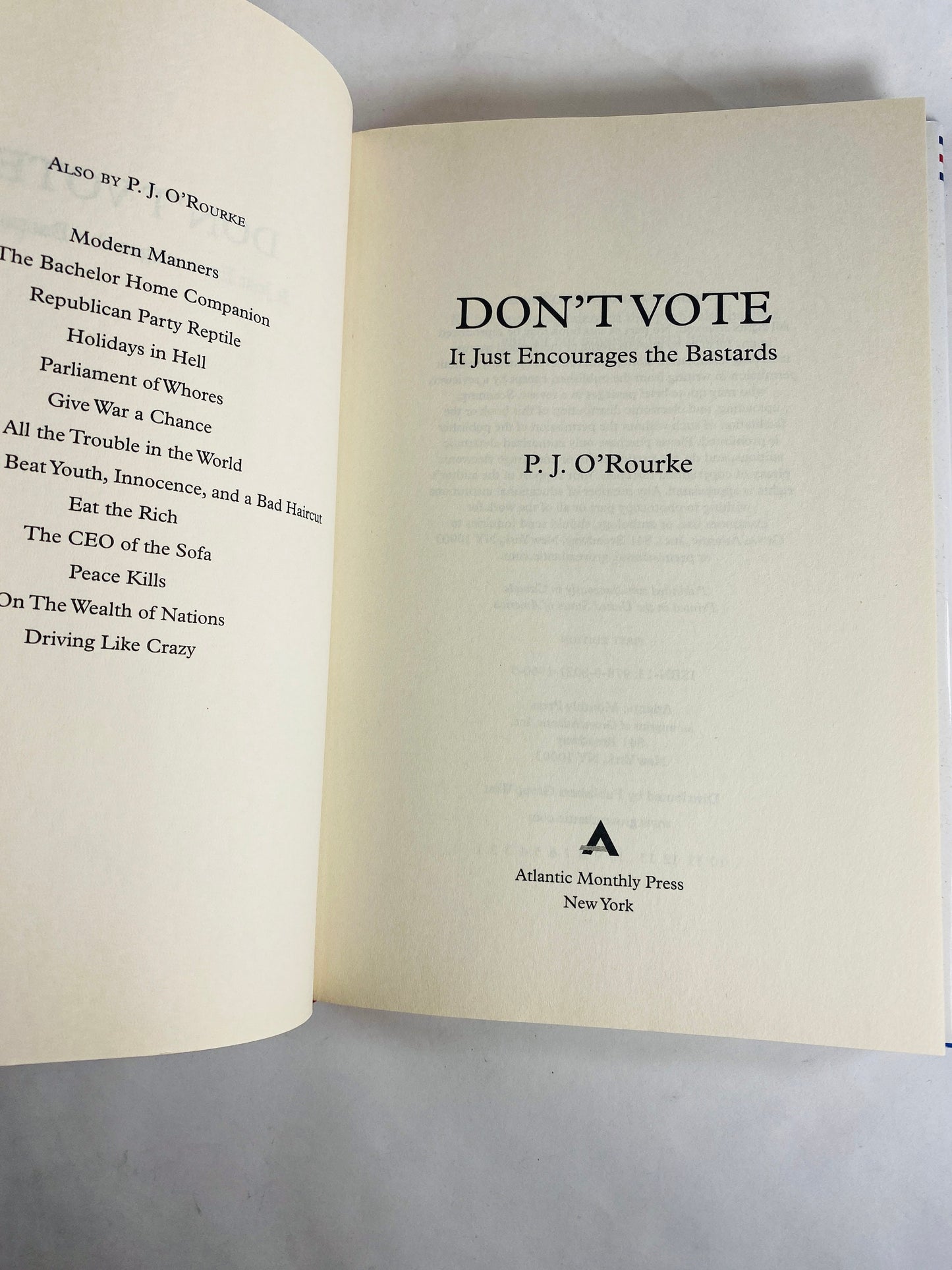 Don't Vote by P.J. O'Rourke FIRST EDITION vintage book election politics wonk Libertarian, economics, capitalism Free thinking intellectual