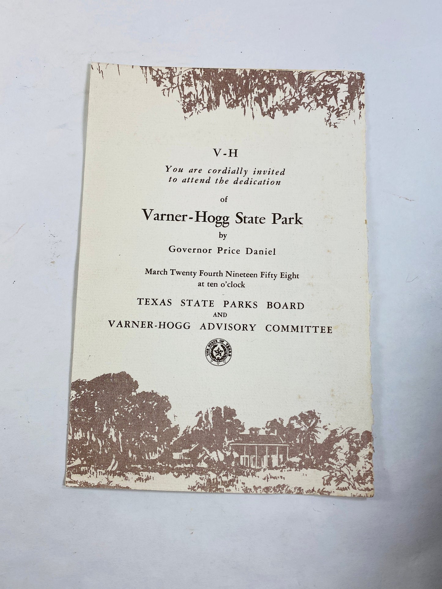 1958 Varner Hogg Houston family vintage dedication news article & Texas history booklet family donated land given by Stephen F Austin 1824