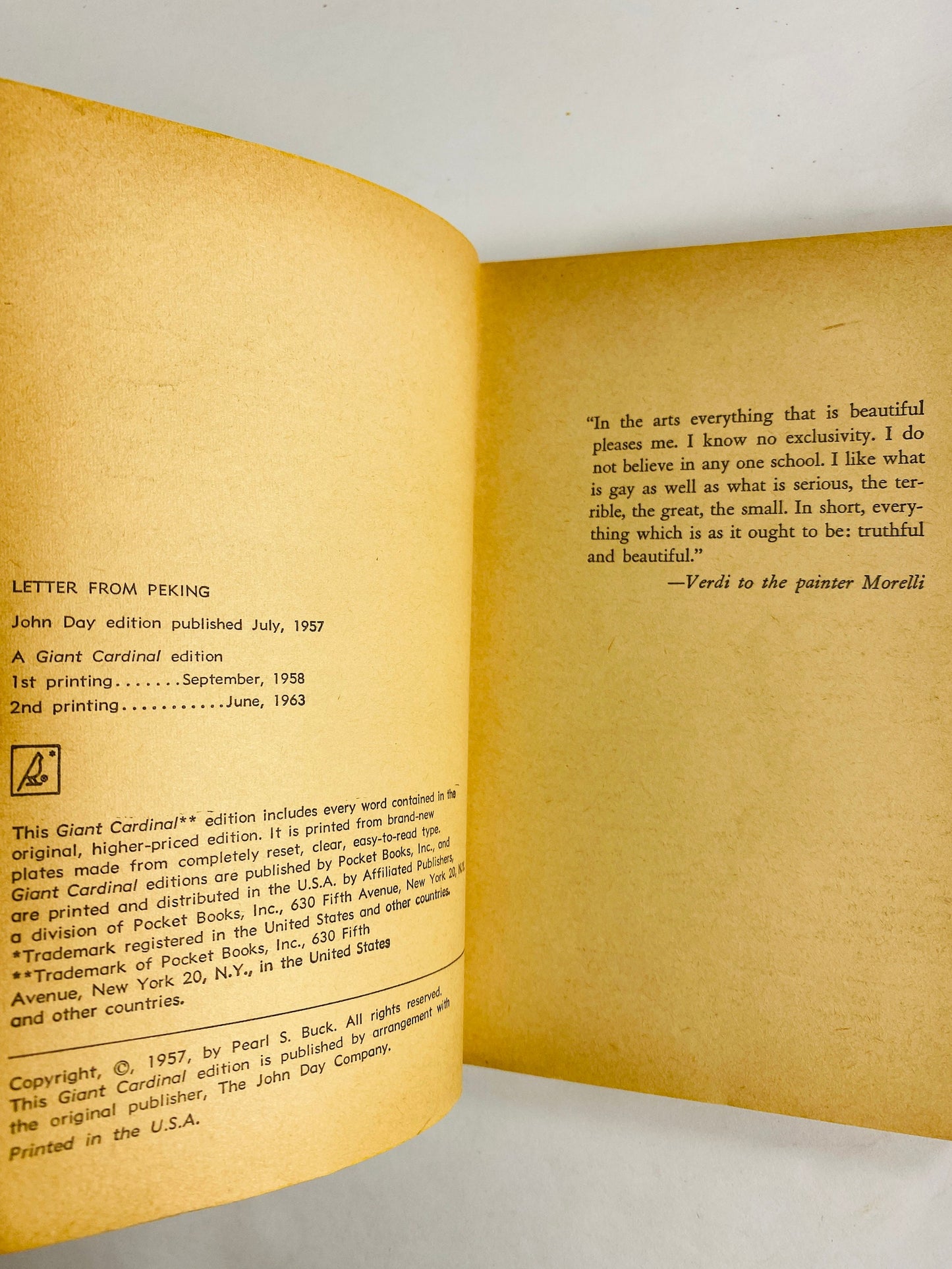 Letter from Peking by Pearl S Buck Vintage Giant Cardinal edition Pocket paperback book circa 1963 by author of Good Earth.