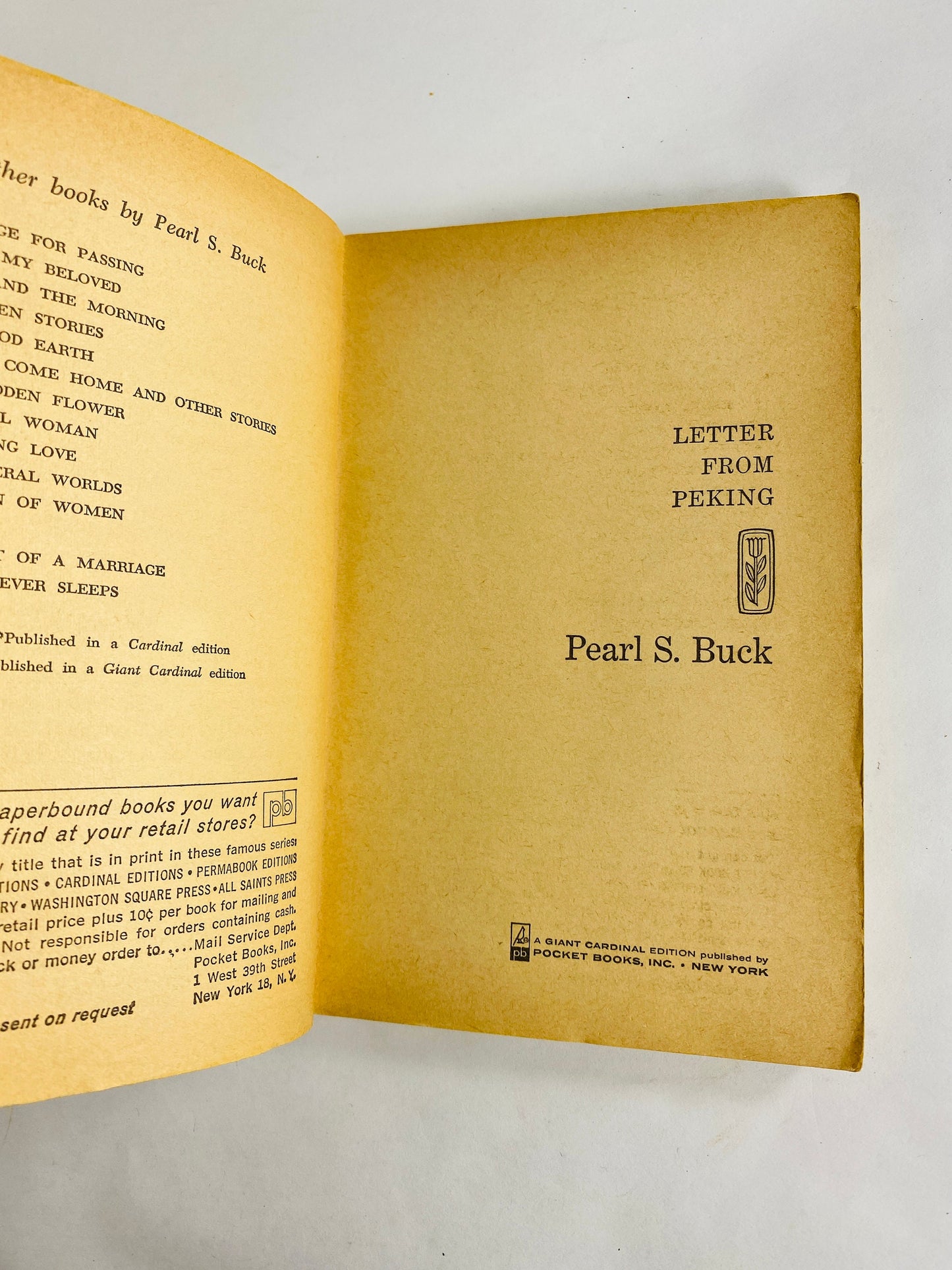 Letter from Peking by Pearl S Buck Vintage Giant Cardinal edition Pocket paperback book circa 1963 by author of Good Earth.