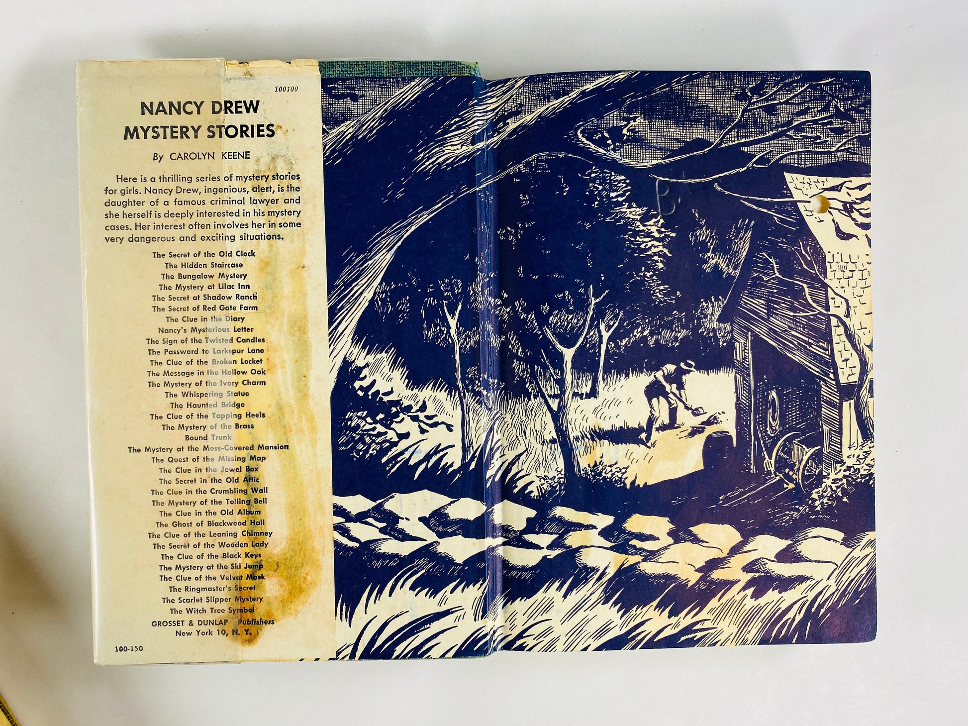 Vintage Nancy Drew Mystery books Carolyn Keene silhouette endpapers Twisted Candles Leaning Chminey Velvet Mask Former LIBRARY books