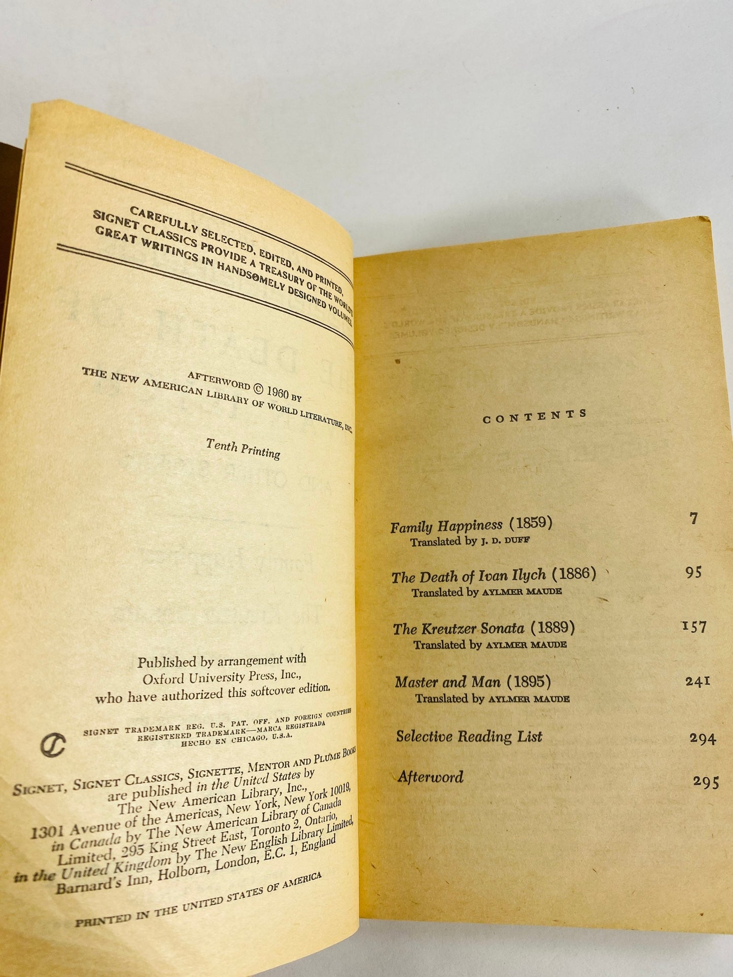 Leo Tolstoy Death of Ivan Ilych Vintage Signet Paperback book circa 1960 Kreutzer Sonata, Master & Mann, Family Happiness short stories