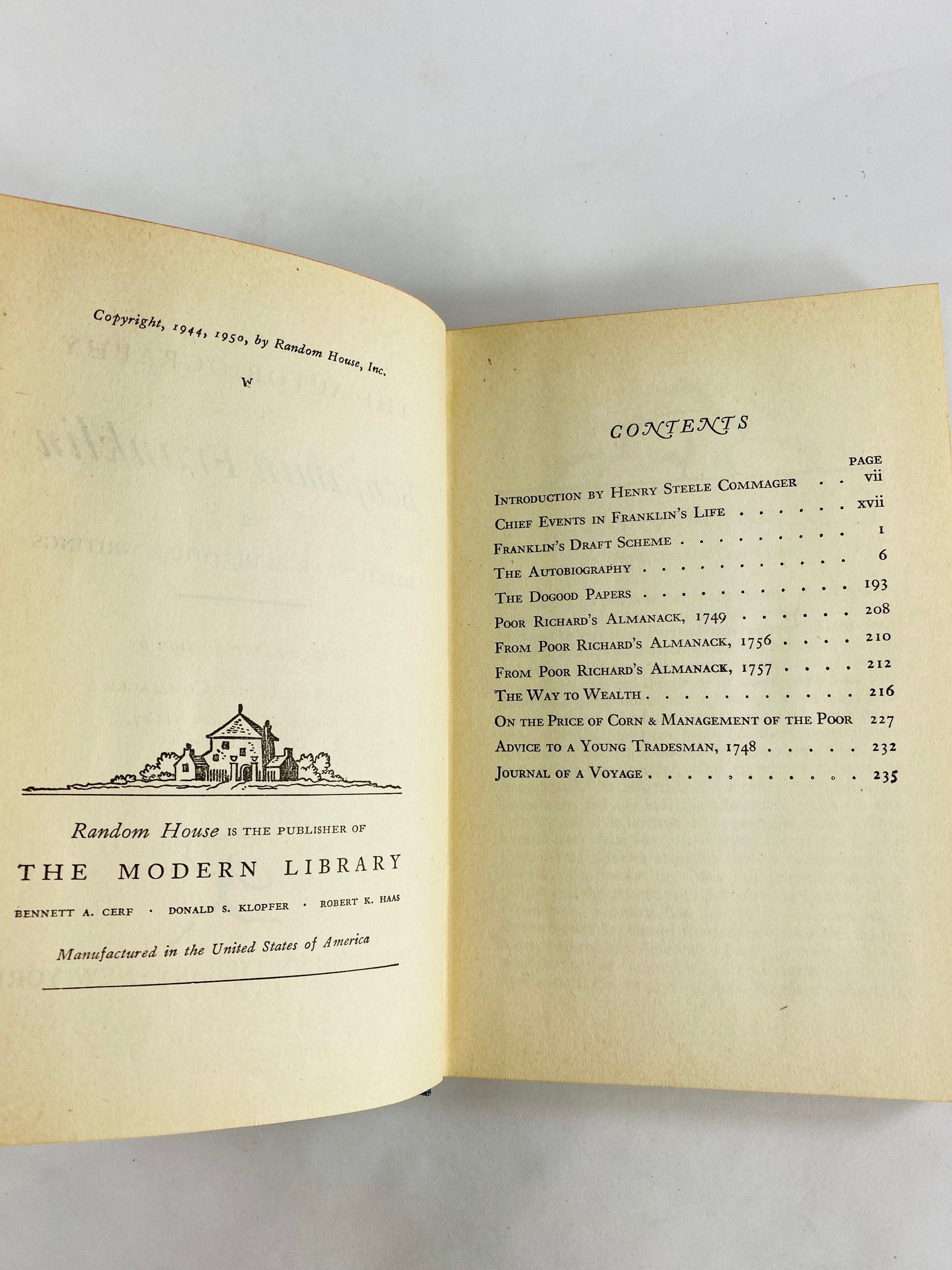 Autobiography of Benjamin Franklin vintage blue Modern Library book circa 1950 Fruits of Solitude by William Penn.