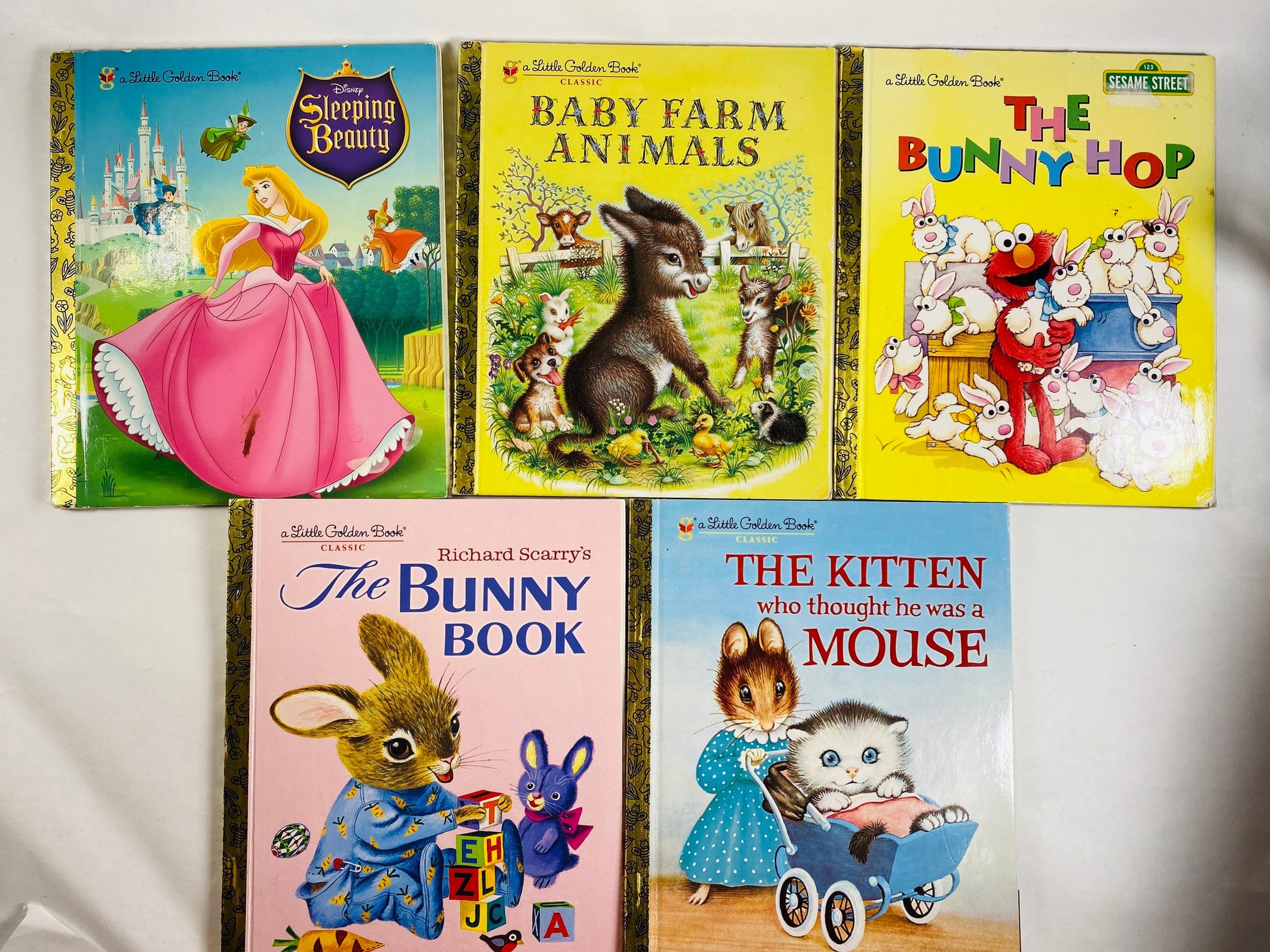 Little Golden Book lot Set of 5 vintage books Baby Farm Animals Sleeping Beauty Elmo Bunny Hop Bunny Book Kitten