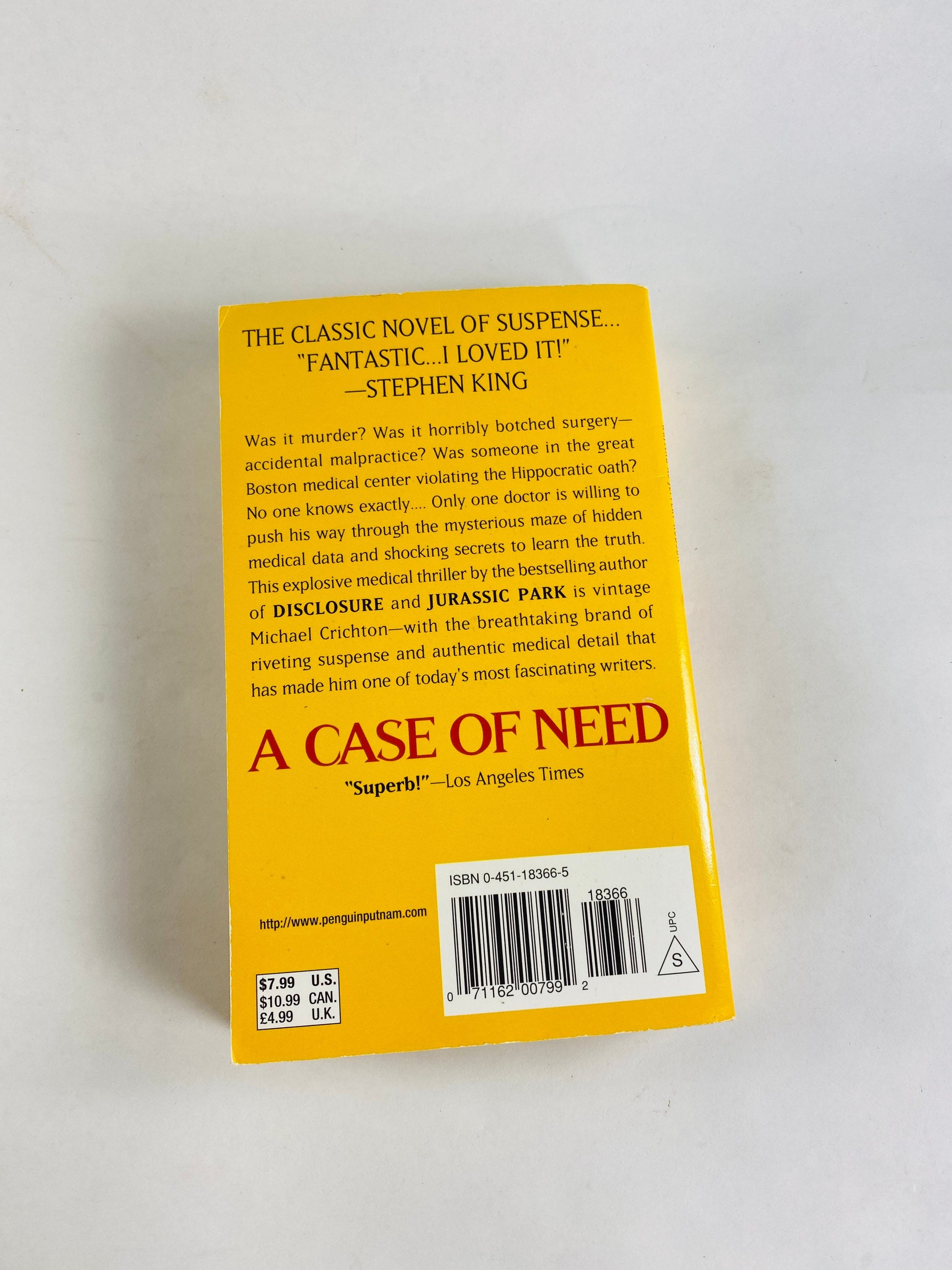 Case of Need by Michael Crichton vintage paperback book circa 1994 Jeffrey Hudson winner of Edgar Award