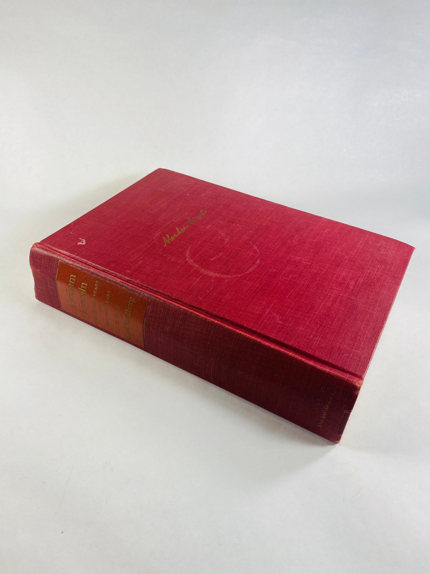 Abraham Lincoln vintage book by Carl Sandburg circa 1954 One Volume Edition Prairie Years Civil War gift Sangamon. Red bookshelf decor