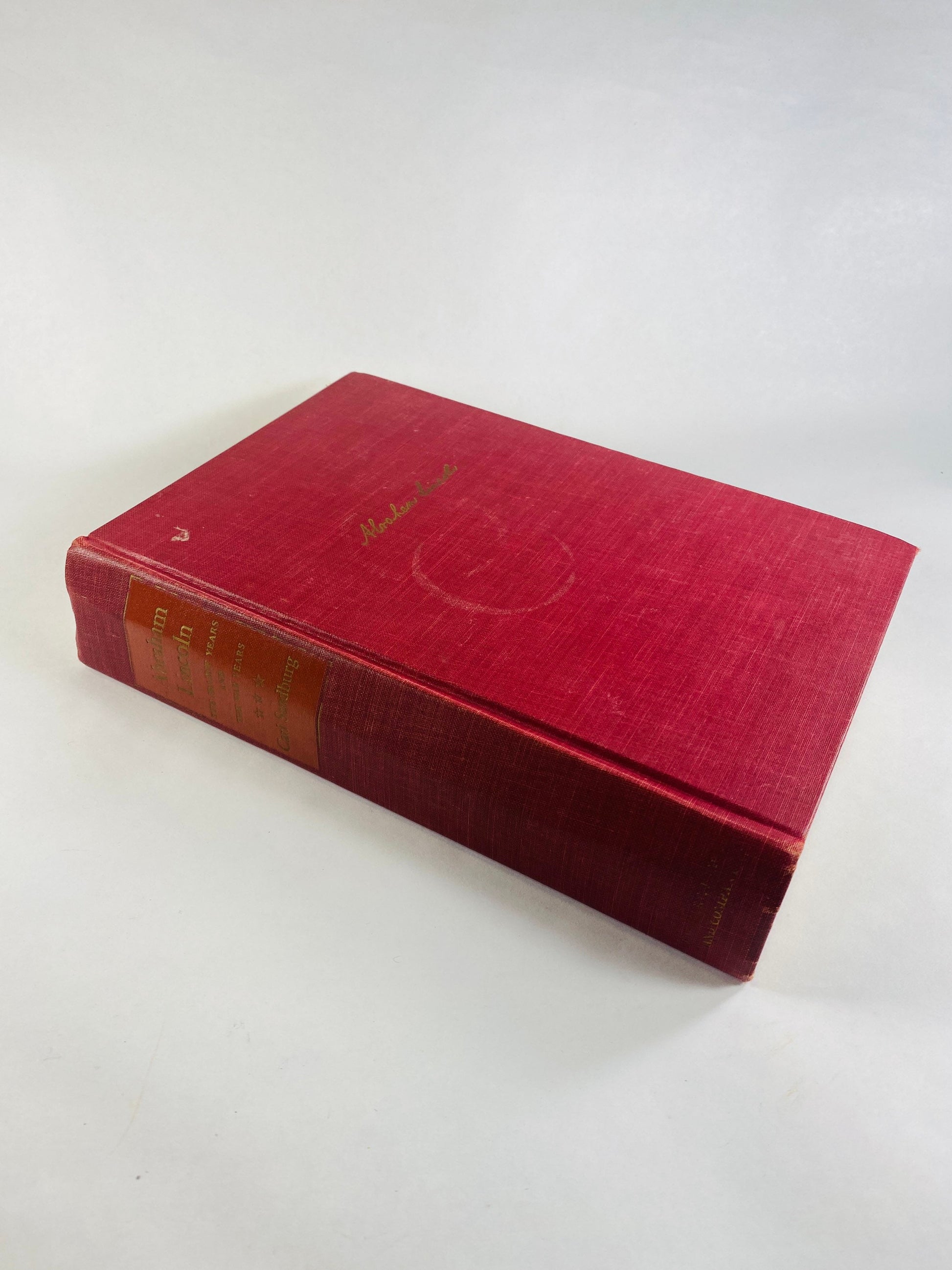 Abraham Lincoln vintage book by Carl Sandburg circa 1954 One Volume Edition Prairie Years Civil War gift Sangamon. Red bookshelf decor