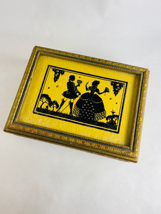 1940s Art nouveau vintage letter box GORGEOUS yellow & black Victorian silhouette mirror wood frame jewelry trinket storage dancing couple